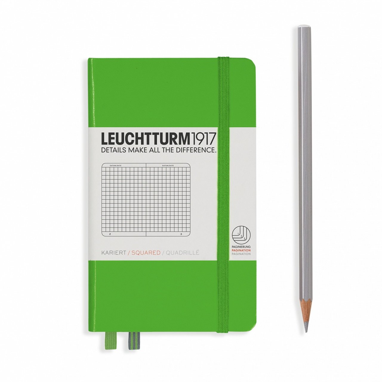 Leuchtturm1917 Not Defteri Cep Boy (A6), Sert Kapak, 185 Numaralandırılmış Sayfa, Kareli - Taze Yeşil