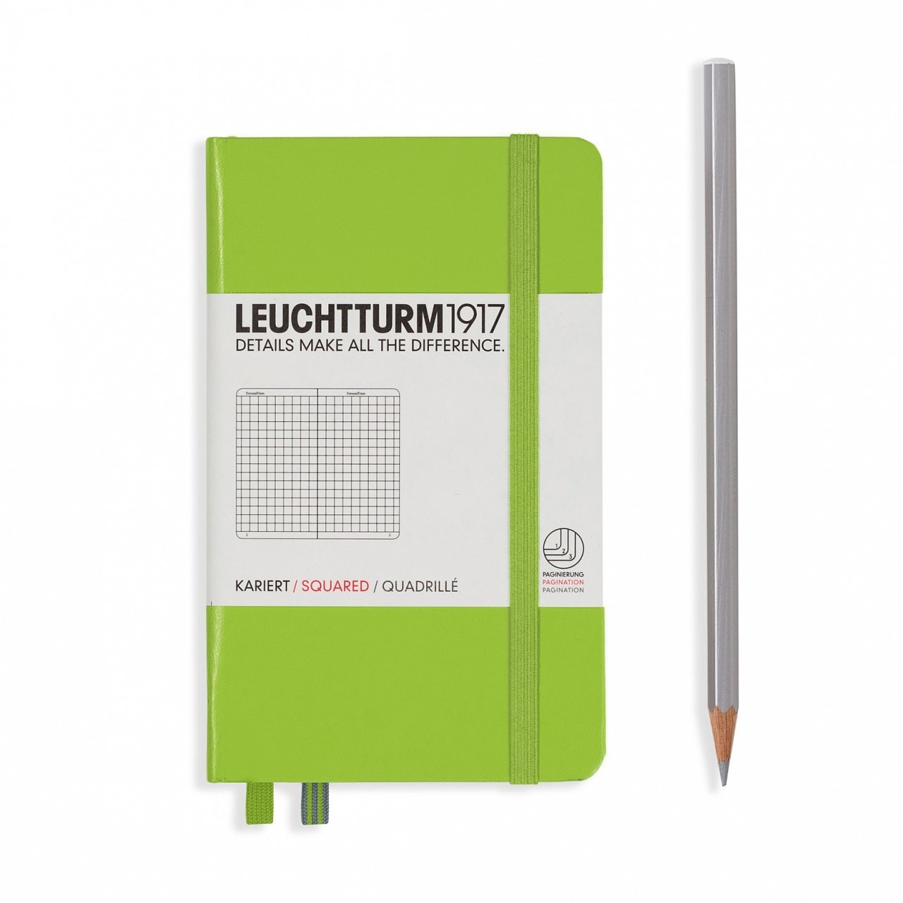 Leuchtturm1917 Not Defteri Cep Boy (A6), Sert Kapak, 185 Numaralandırılmış Sayfa, Kareli - Lime Yeşil