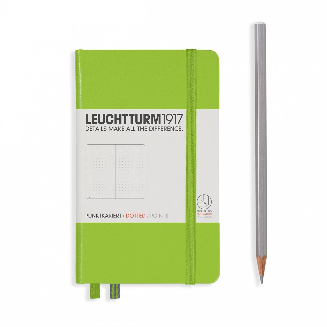 Leuchtturm1917 Not Defteri Cep Boy (A6), Sert Kapak, 185 Numaralandırılmış Sayfa, Noktalı - Lime Yeşil