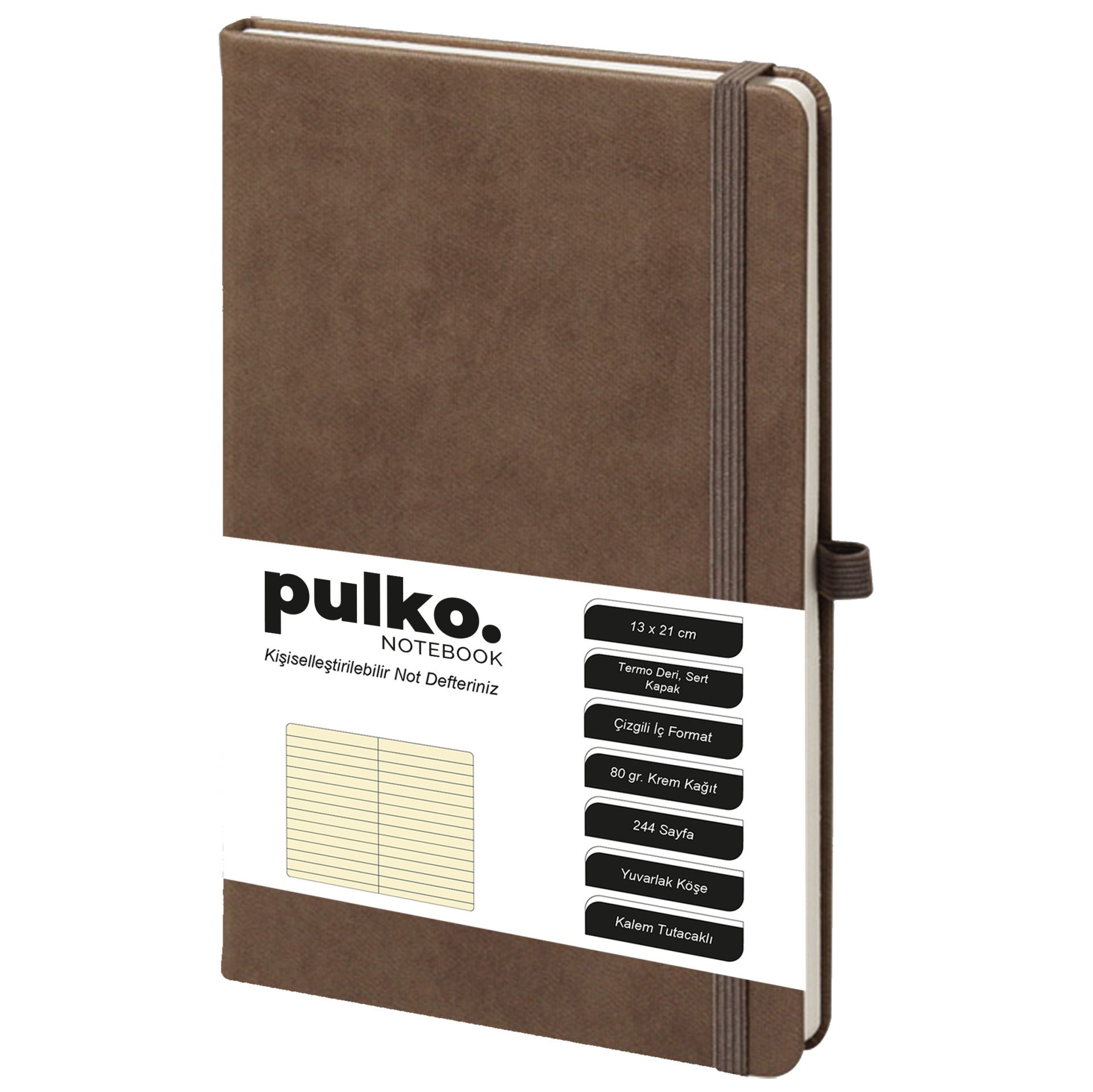PULKO Notebook Not Defteri, (13x21cm), Termo Deri, Sert Kapak, 224 Sayfa, 80gr Krem Kağıt, Çizgili, 042, Koyu Kahverengi