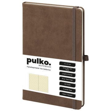 PULKO Notebook Not Defteri, (13x21cm), Termo Deri, Sert Kapak, 224 Sayfa, 80gr Krem Kağıt, Çizgili, 042, Koyu Kahverengi