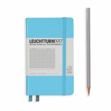 Leuchtturm1917 Not Defteri Cep Boy (A6), Sert Kapak, 185 Numaralandırılmış Sayfa, Kareli - Buz Mavi