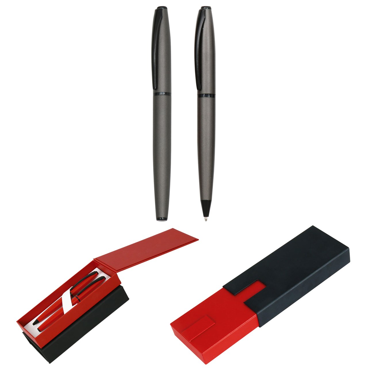 PULKO Promosyon 2'li Ofis Set, Metal Kasa, Roller + Tükenmez Kalem, (Mavi Yazmaktadır), 01, Antrasit Gri