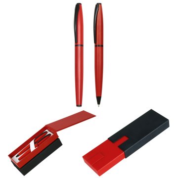 PULKO Promosyon 2'li Ofis Set, Metal Kasa, Roller + Tükenmez Kalem, (Mavi Yazmaktadır), 01, Kırmızı
