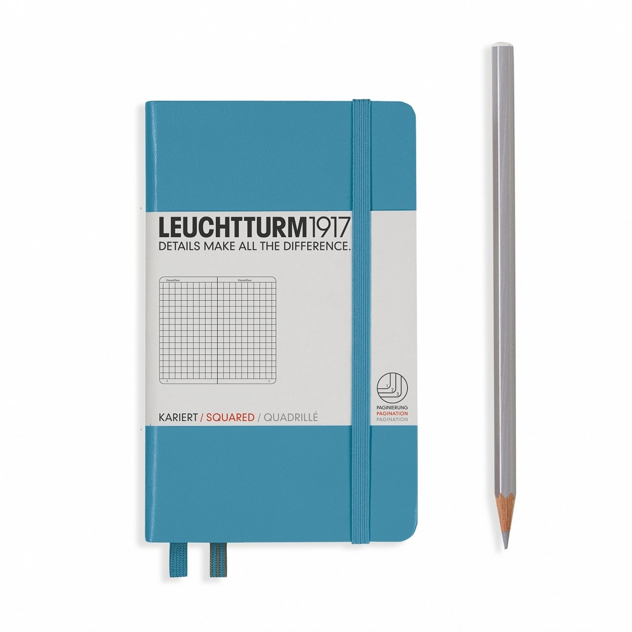 Leuchtturm1917 Not Defteri Cep Boy (A6), Sert Kapak, 185 Numaralandırılmış Sayfa, Kareli - Kuzey Mavi