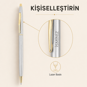The Klasis 2 (Altın Sarısı Çizgi) Metal Kasa, Tükenmez Kalem, (Mavi Kartuşlu), Gümüş