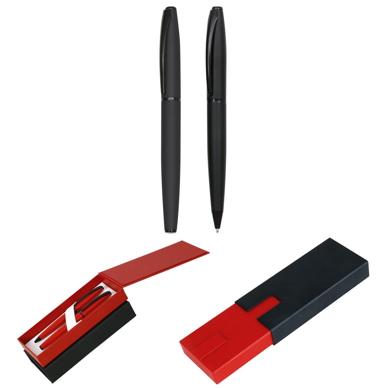 PULKO Promosyon 2'li Ofis Set, Metal Kasa, Roller + Tükenmez Kalem, (Mavi Yazmaktadır), 01, Siyah