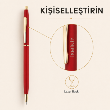 The Klasis 2 (Altın Sarısı Çizgi) Metal Kasa, Tükenmez Kalem, (Mavi Kartuşlu), Kırmızı