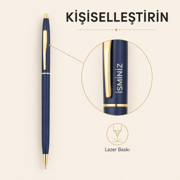 The Klasis 2 (Altın Sarısı Çizgi) Metal Kasa, Tükenmez Kalem, (Mavi Kartuşlu), Lacivert