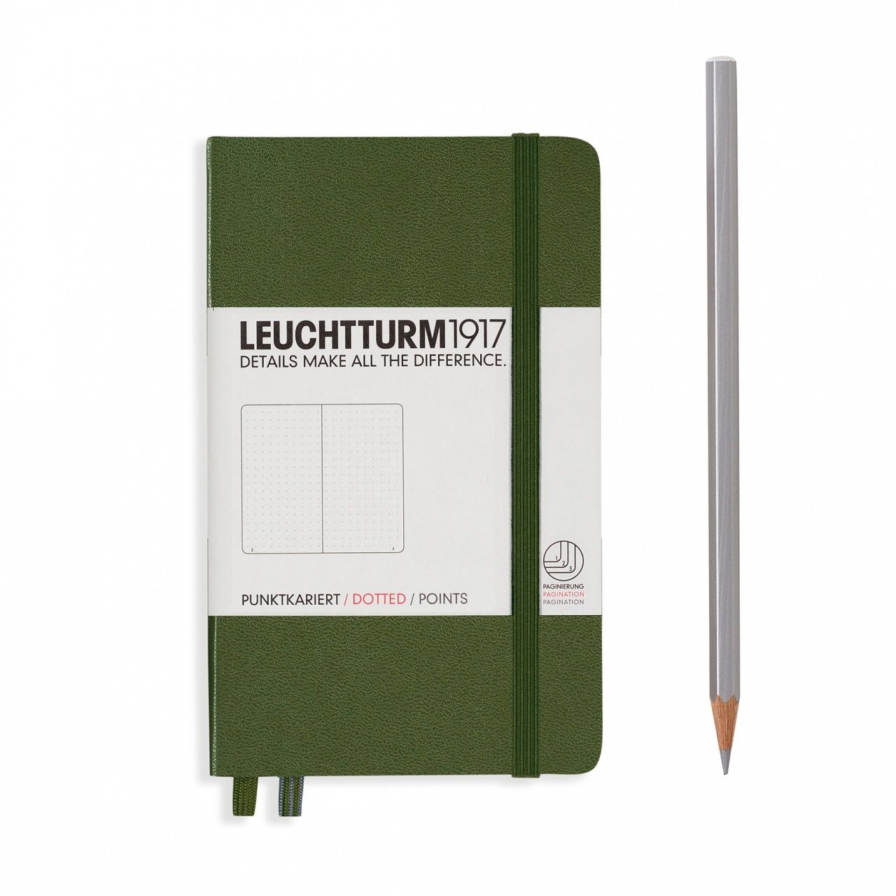 Leuchtturm1917 Not Defteri Cep Boy (A6), Sert Kapak, 185 Numaralandırılmış Sayfa, Noktalı - Asker Yeşili