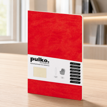 PULKO Notebook Not Defteri, (20x28cm), Terzi Dikiş, Termo Deri Kapak, 96 Sayfa, Krem Kağıt, Kareli, 034, Kırmızı