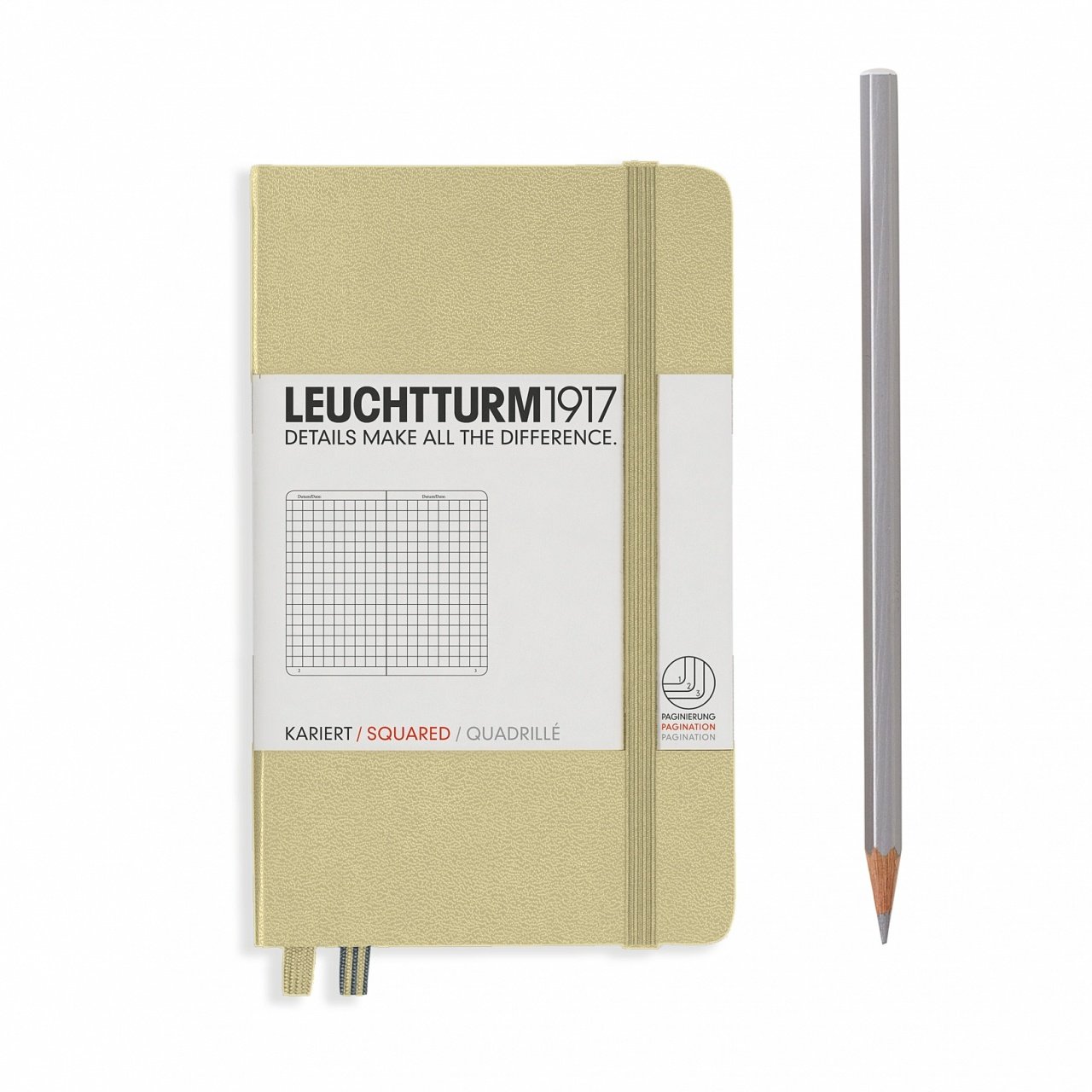 Leuchtturm1917 Not Defteri Cep Boy (A6), Sert Kapak, 185 Numaralandırılmış Sayfa, Kareli - Kum Gri