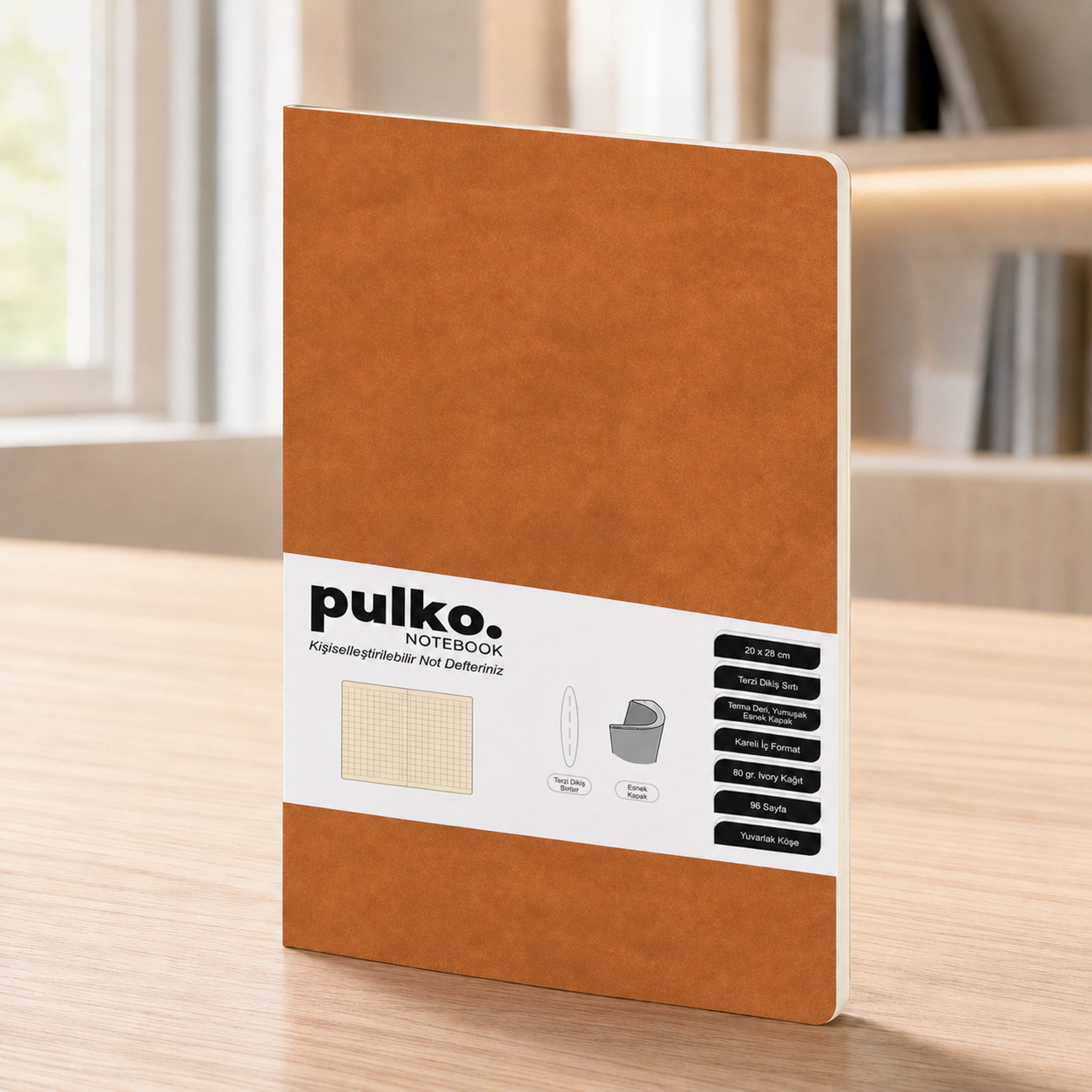 PULKO Notebook Not Defteri, (20x28cm), Terzi Dikiş, Termo Deri Kapak, 96 Sayfa, Krem Kağıt, Kareli, 034, Taba