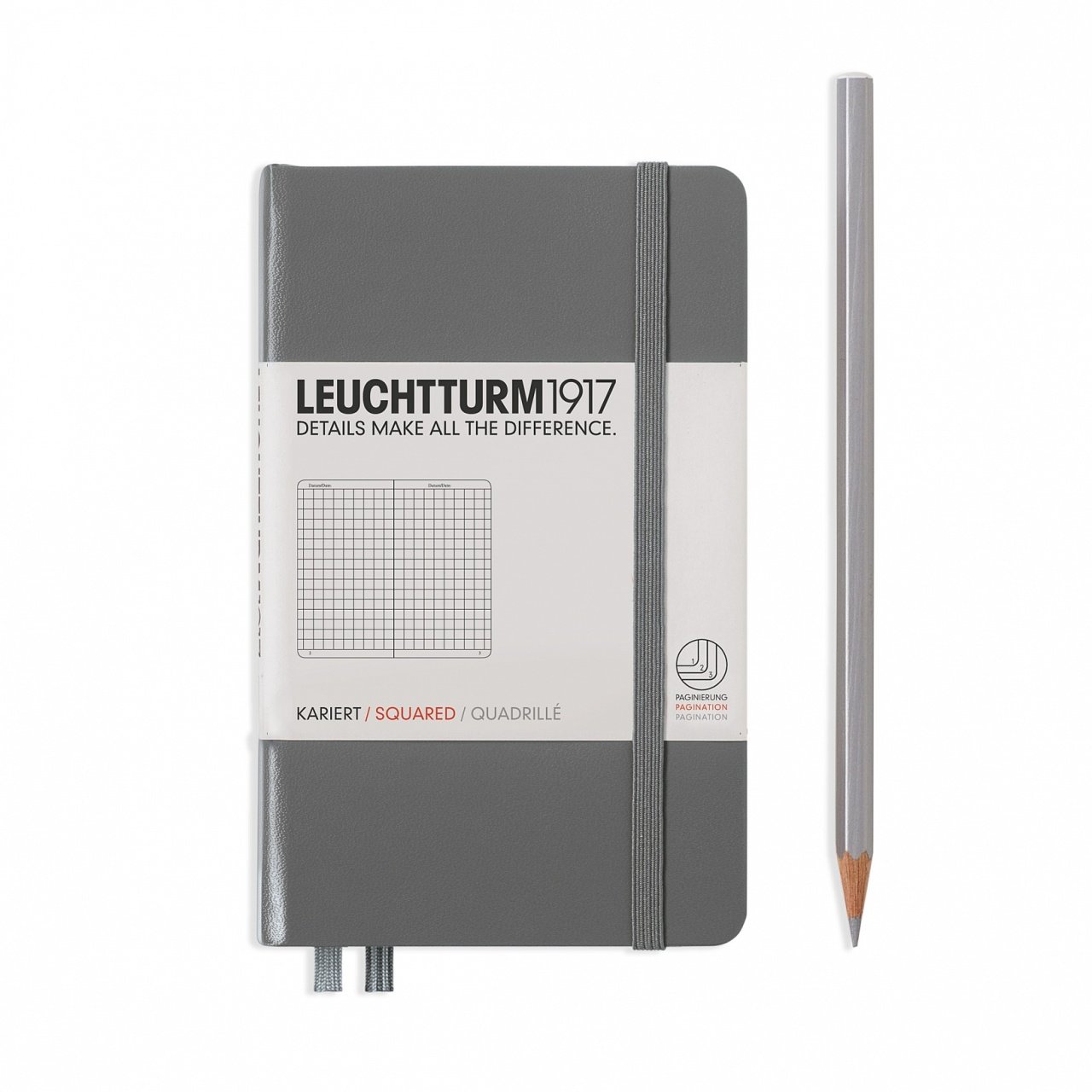 Leuchtturm1917 Not Defteri Cep Boy (A6), Sert Kapak, 185 Numaralandırılmış Sayfa, Kareli - Antrasit Gri