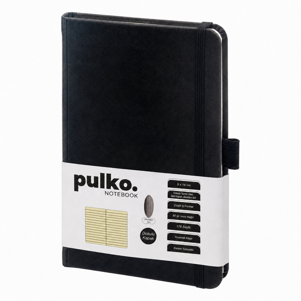 PULKO Notebook Not Defteri, (9x14cm), Akordion Sırt, Dokulu Sert Kapak, 176 Sayfa, Çizgili, 040, Siyah