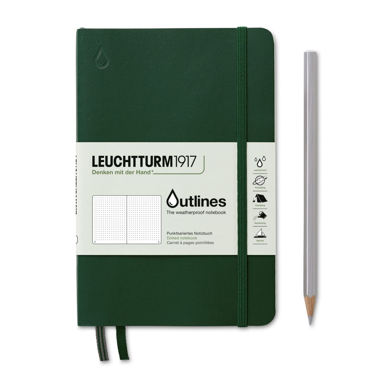 Leuchtturm1917 Outlines, Hava Koşullarına Dayanıklı, Not Defteri Çanta Boy (B6+), Yumuşak Kapak, 89 Numaralandırılmış Noktalı Sayfa, Walden Yeşili