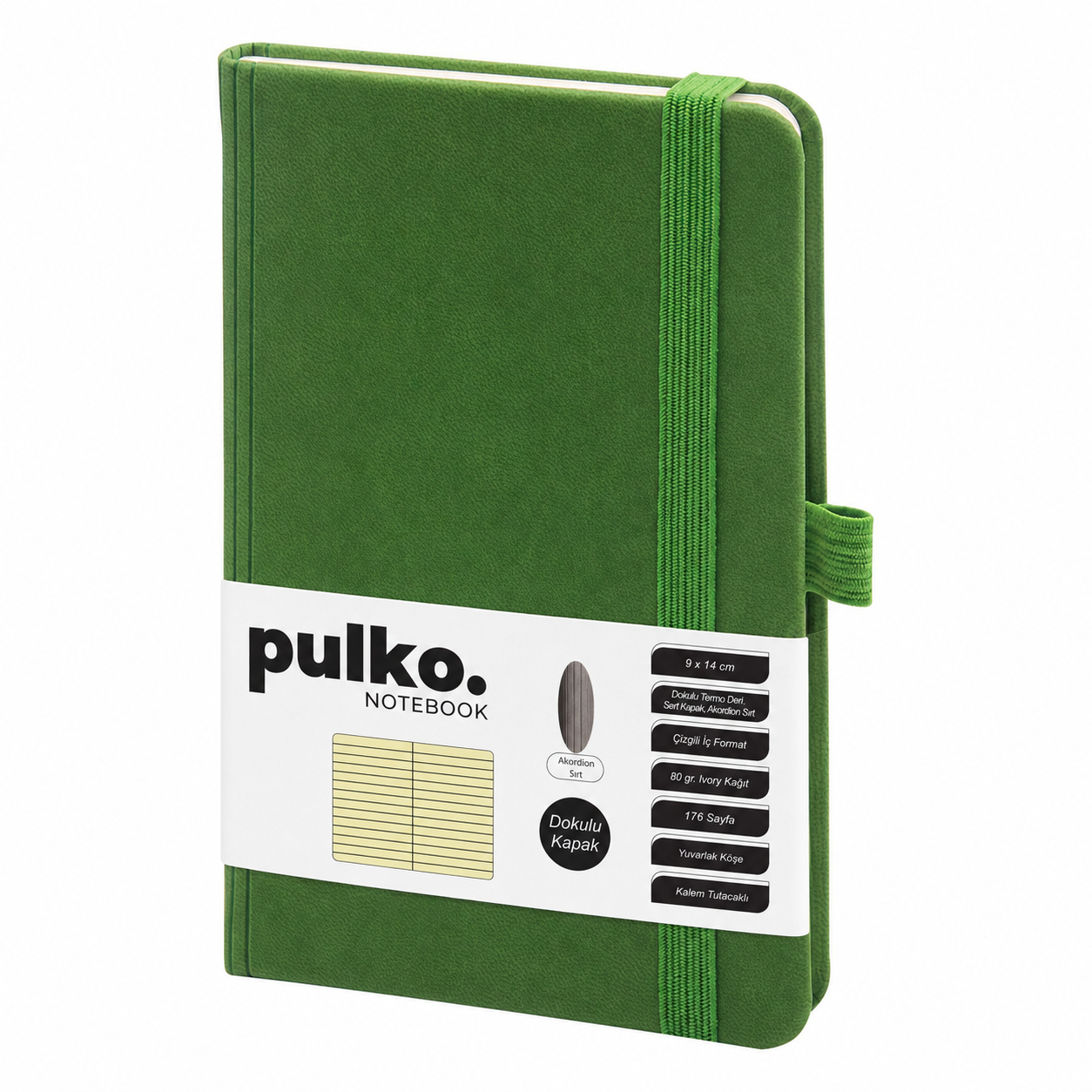 PULKO Notebook Not Defteri, (9x14cm), Akordion Sırt, Dokulu Sert Kapak, 176 Sayfa, Çizgili, 040, Yeşil