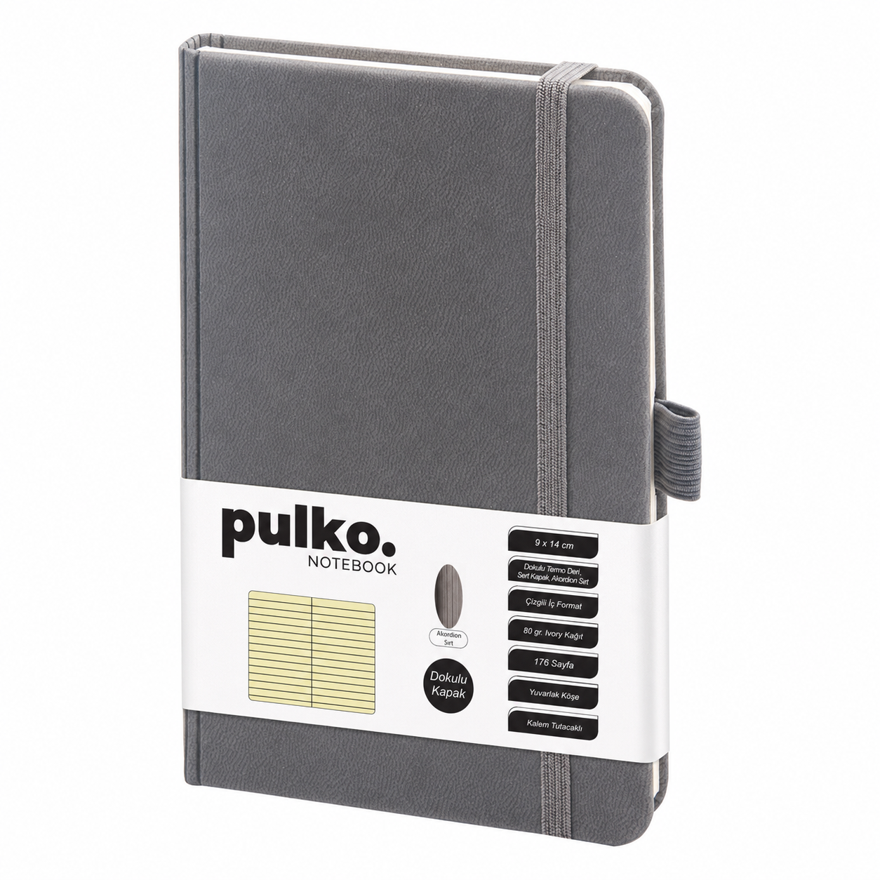 PULKO Notebook Not Defteri, (9x14cm), Akordion Sırt, Dokulu Sert Kapak, 176 Sayfa, Çizgili, 040, Gri