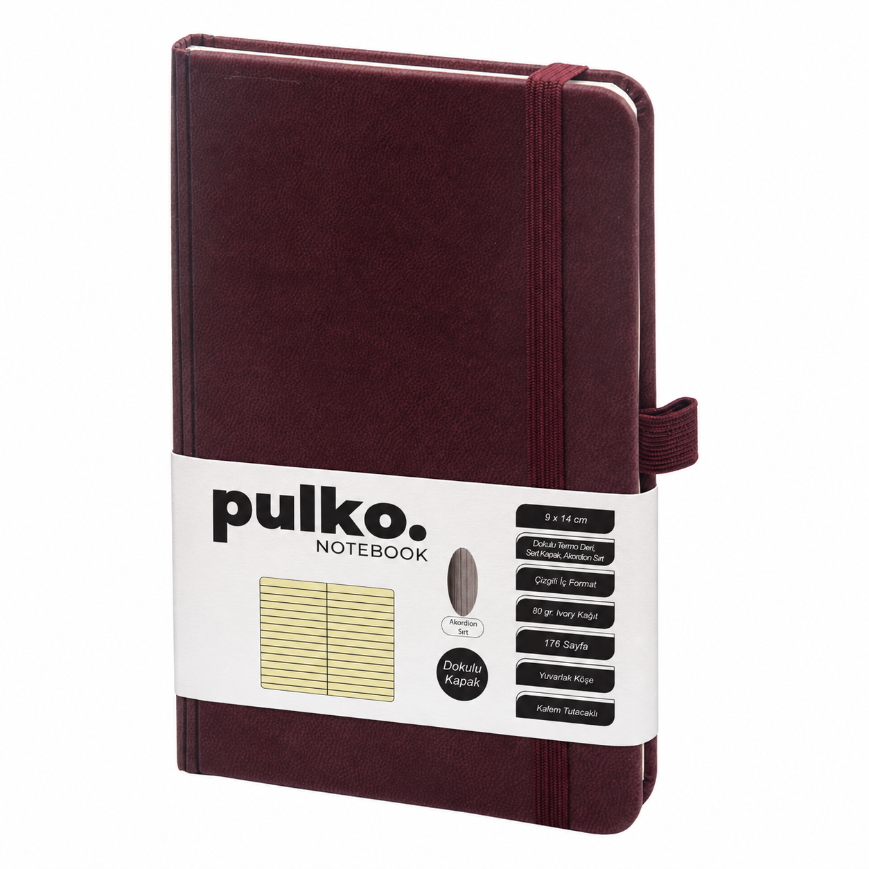PULKO Notebook Not Defteri, (9x14cm), Akordion Sırt, Dokulu Sert Kapak, 176 Sayfa, Çizgili, 040, Bordo