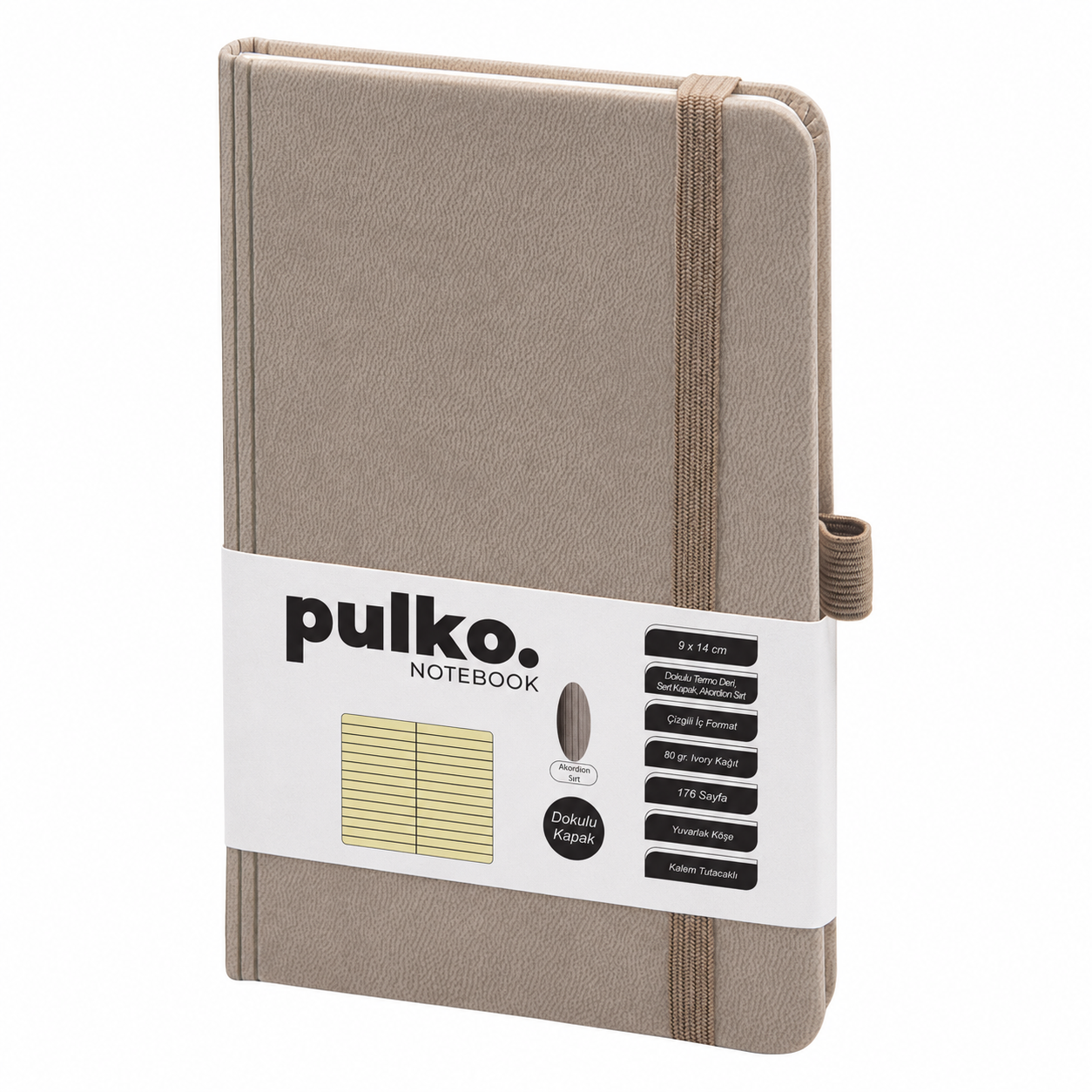 PULKO Notebook Not Defteri, (9x14cm), Akordion Sırt, Dokulu Sert Kapak, 176 Sayfa, Çizgili, 040, Bej