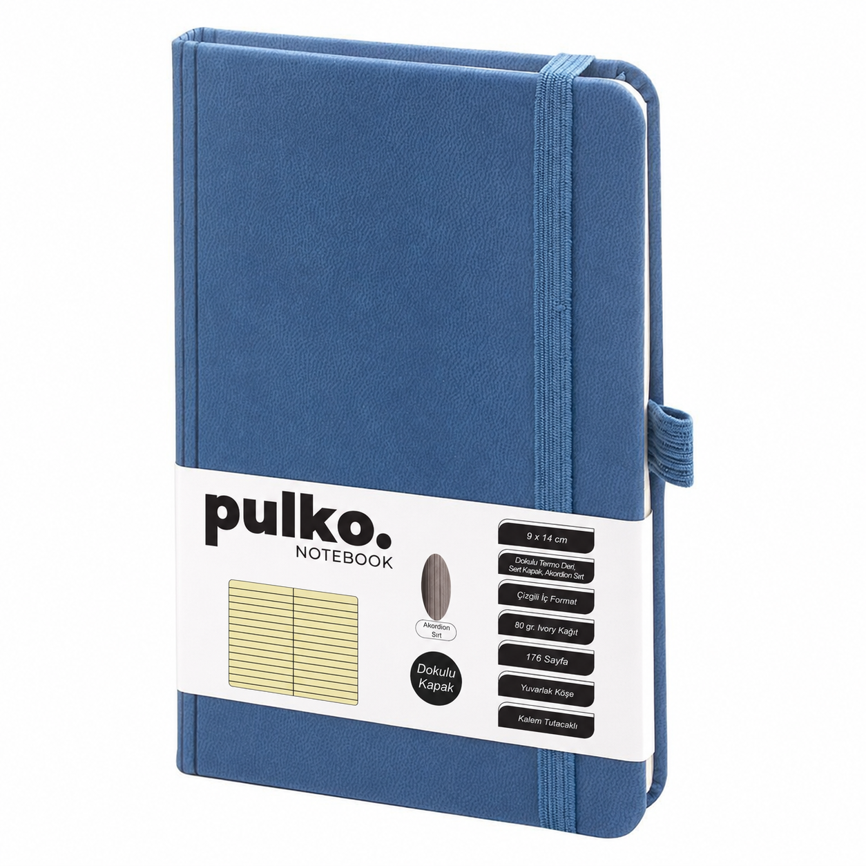 PULKO Notebook Not Defteri, (9x14cm), Akordion Sırt, Dokulu Sert Kapak, 176 Sayfa, Çizgili, 040, Parlement Mavi