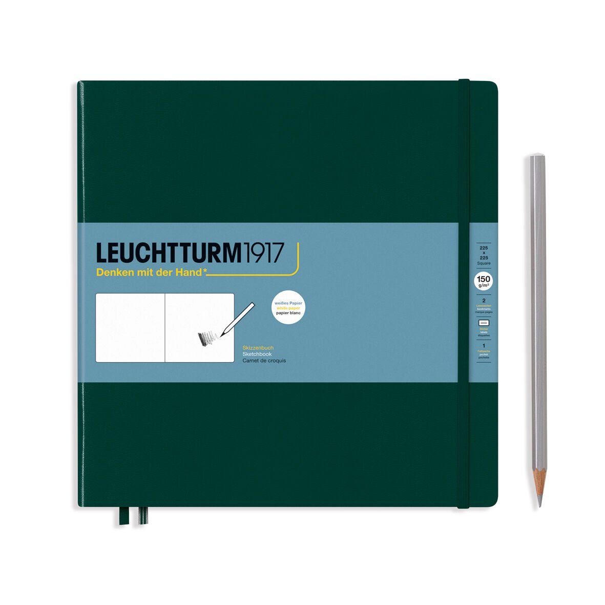 Leuchtturm1917 Sketchbook - Eskiz Defteri Kare Boy (225x225mm), Sert Kapak 112 Beyaz Sayfa (150gr), Orman Yeşili