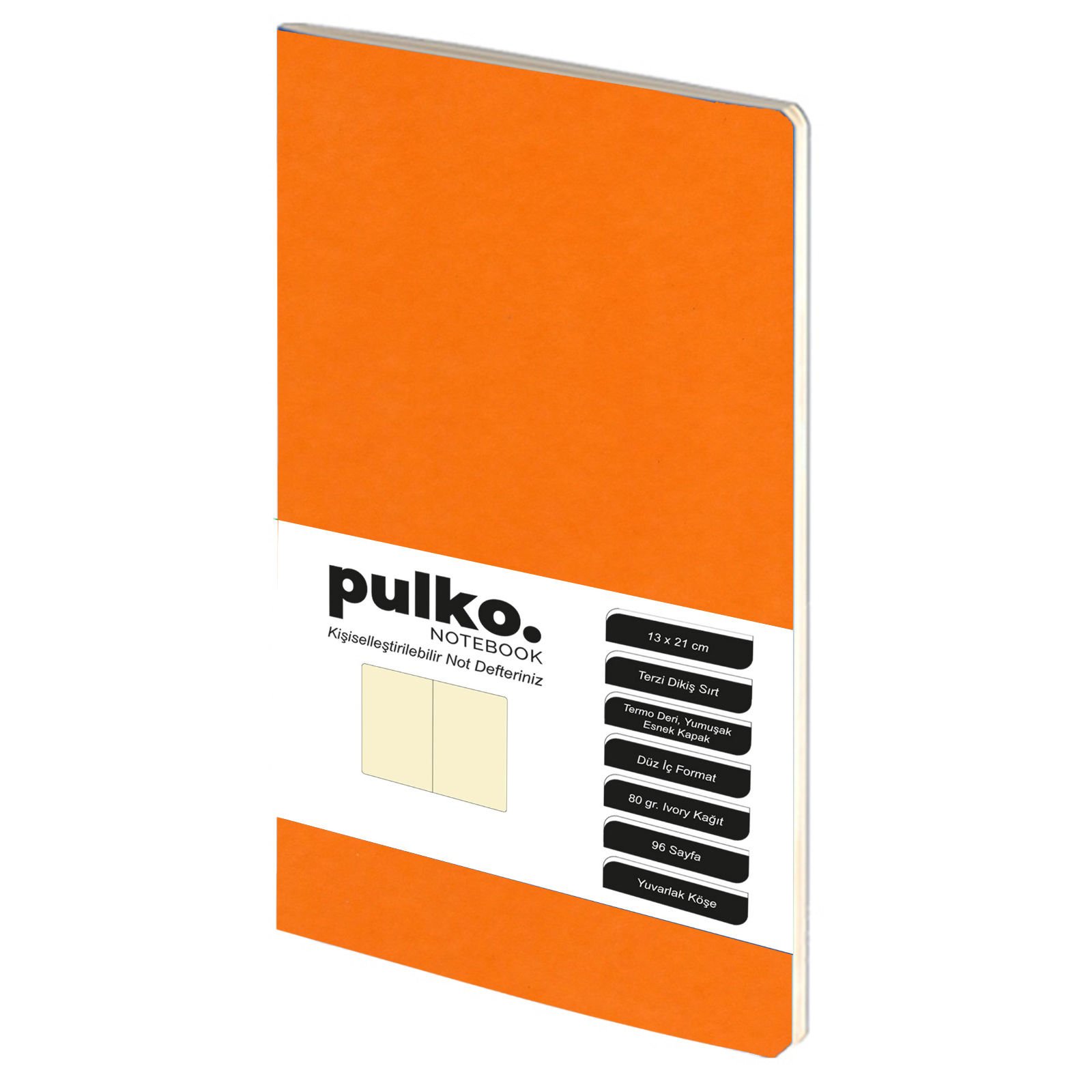 PULKO Notebook Not Defteri, (13x21cm), Terzi Dikiş, Termo Deri Kapak, 96 Sayfa, Krem Kağıt, Düz, 032, Mandalina