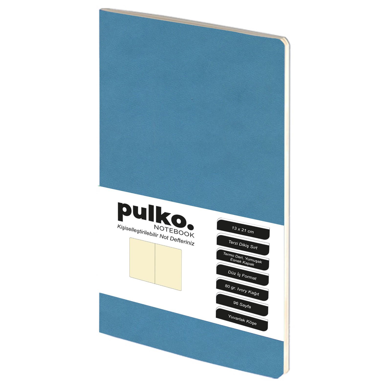 PULKO Notebook Not Defteri, (13x21cm), Terzi Dikiş, Termo Deri Kapak, 96 Sayfa, Krem Kağıt, Düz, 032, Deniz Mavisi