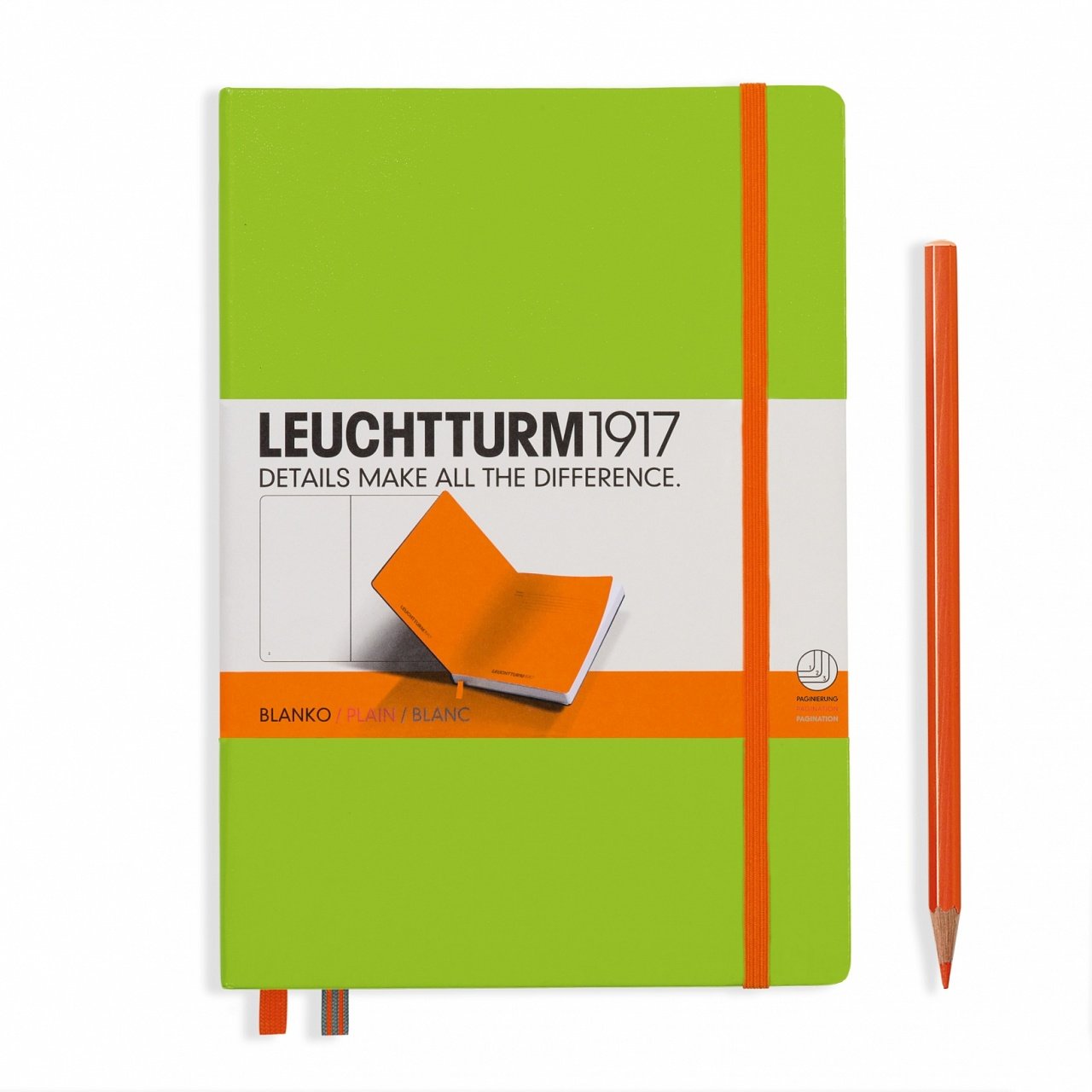 Leuchtturm1917 Orta Boy (A5), ÇİFT RENK  Not Defteri, Sert Kapak, 249 Numaralandırılmış Sayfa, Düz - Lime Yeşil - Turuncu