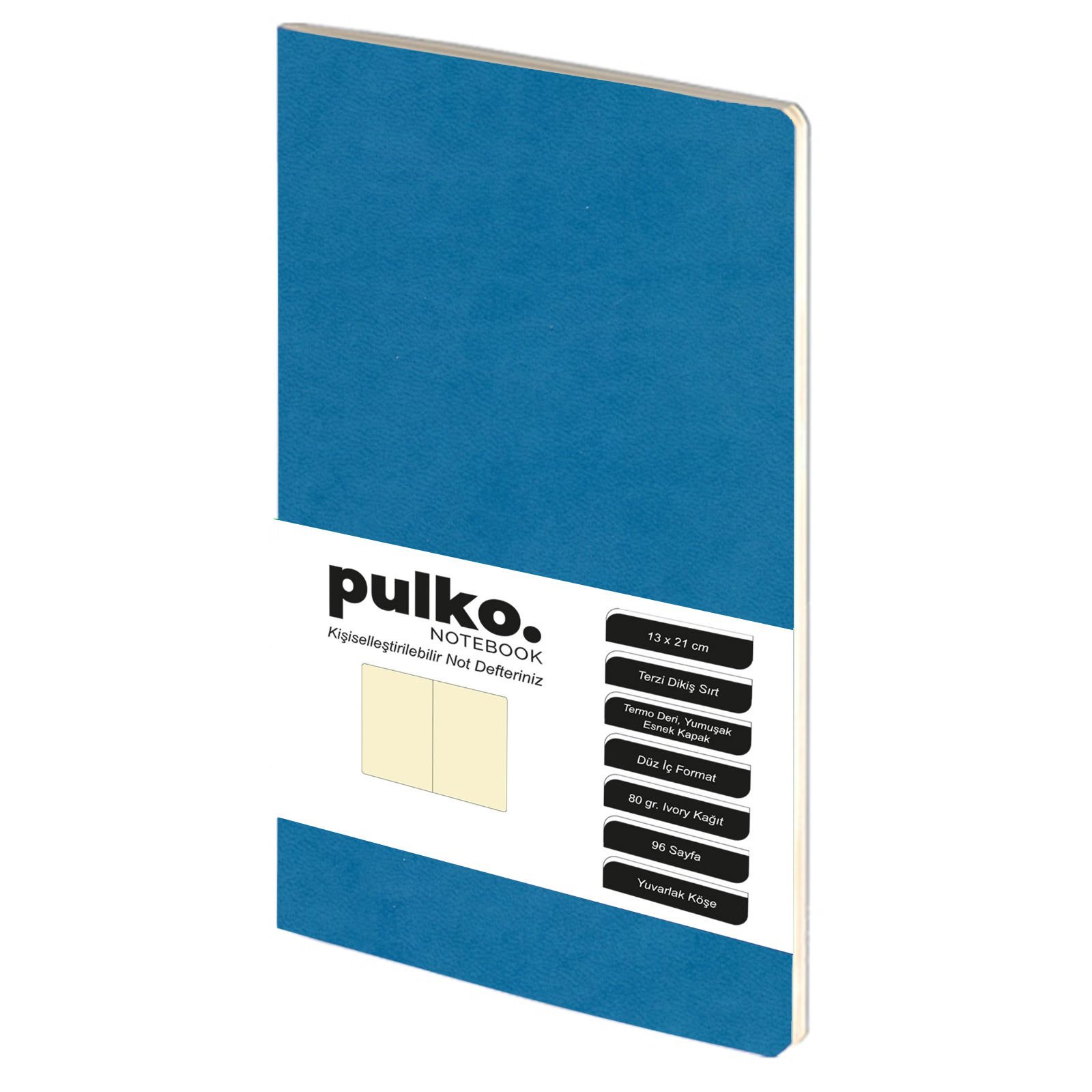 PULKO Notebook Not Defteri, (13x21cm), Terzi Dikiş, Termo Deri Kapak, 96 Sayfa, Krem Kağıt, Düz, 032, Ocean Blue