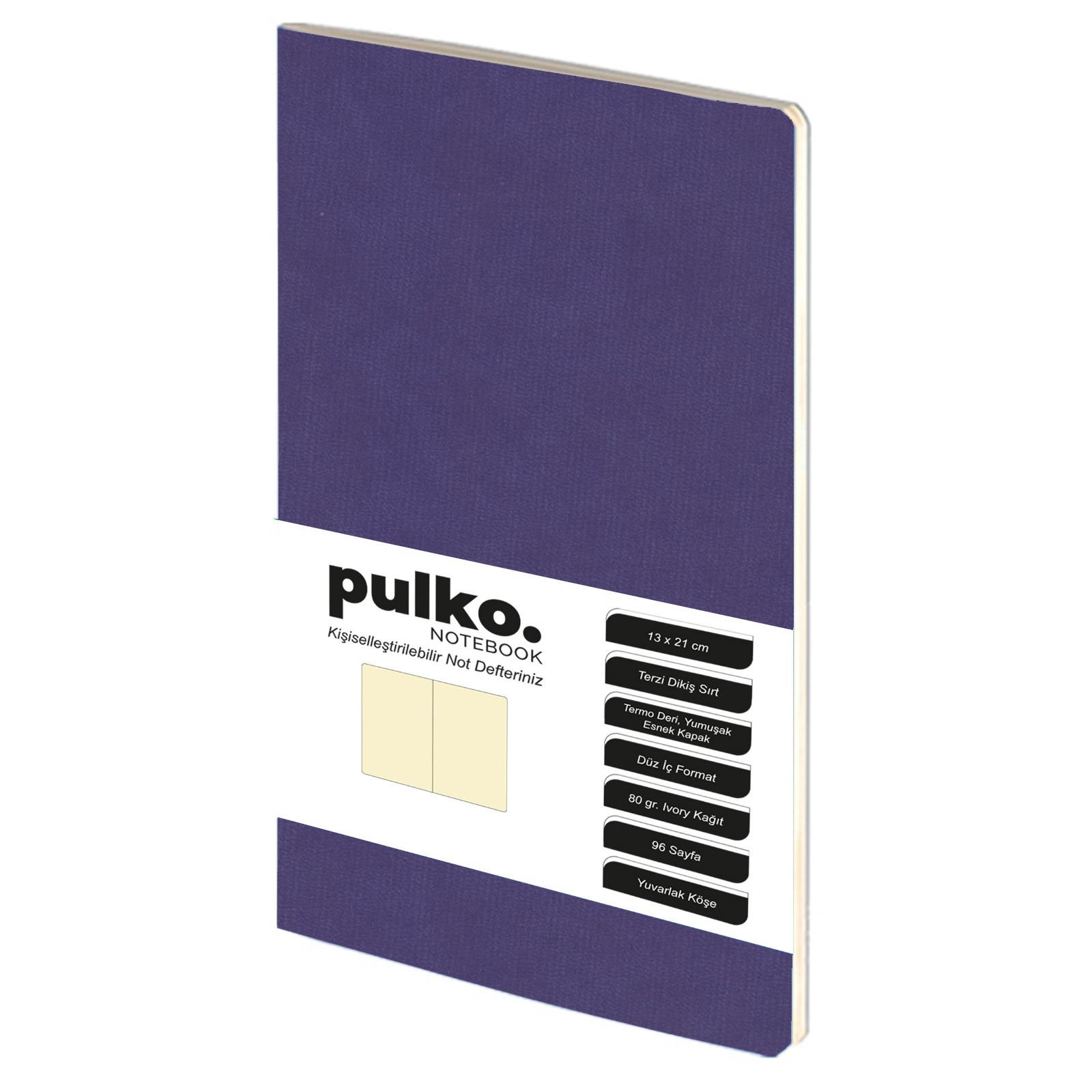 PULKO Notebook Not Defteri, (13x21cm), Terzi Dikiş, Termo Deri Kapak, 96 Sayfa, Krem Kağıt, Düz, 032, Mor