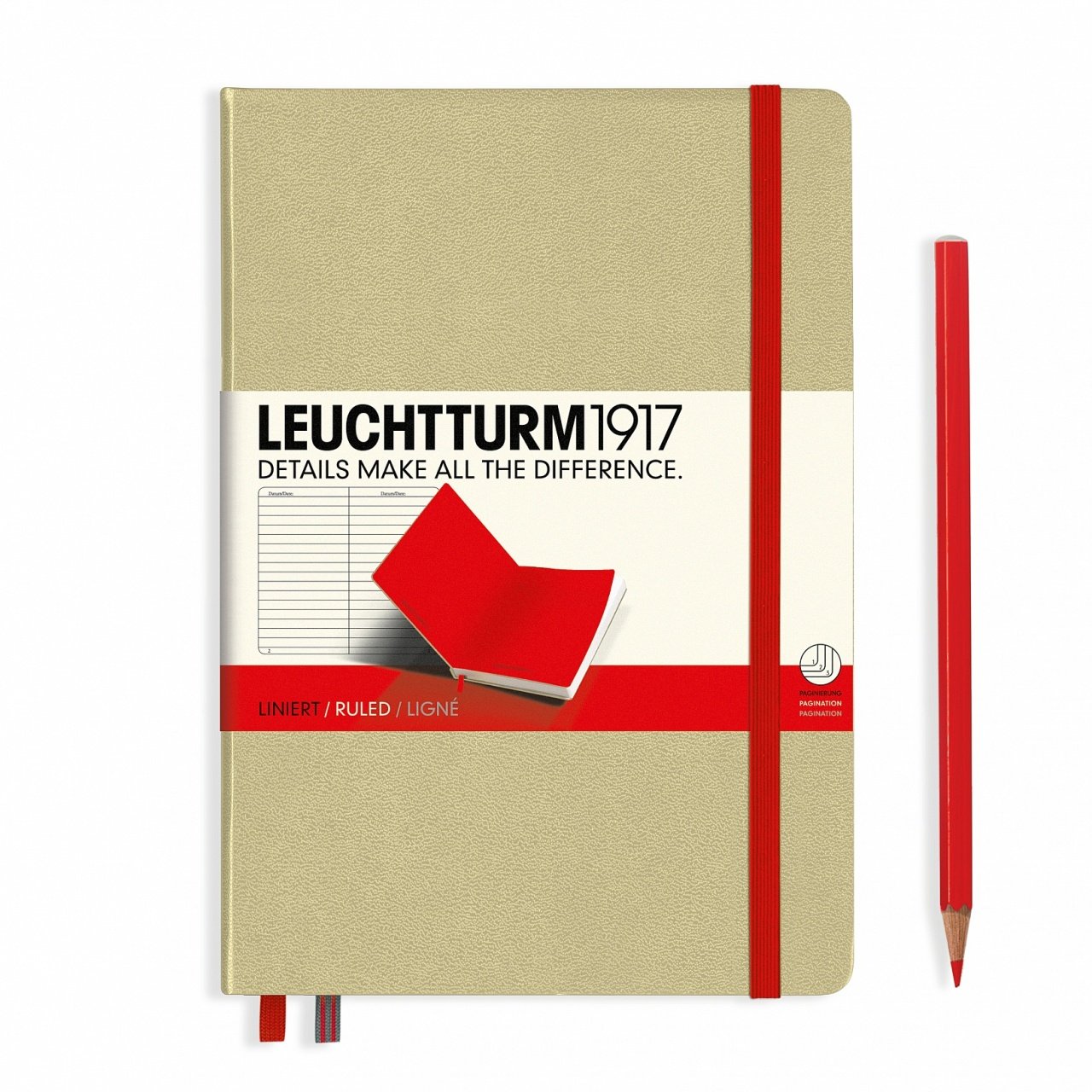 Leuchtturm1917 Orta Boy (A5), ÇİFT RENK  Not Defteri, Sert Kapak, 249 Numaralandırılmış Sayfa, Çizgili - Kum Gri - Kırmızı
