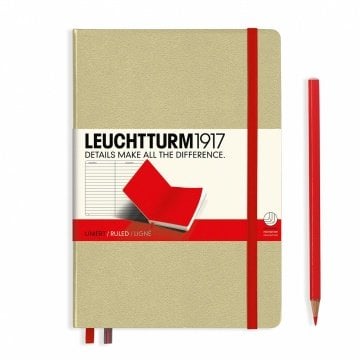 Leuchtturm1917 Orta Boy (A5), ÇİFT RENK  Not Defteri, Sert Kapak, 249 Numaralandırılmış Sayfa, Çizgili - Kum Gri - Kırmızı