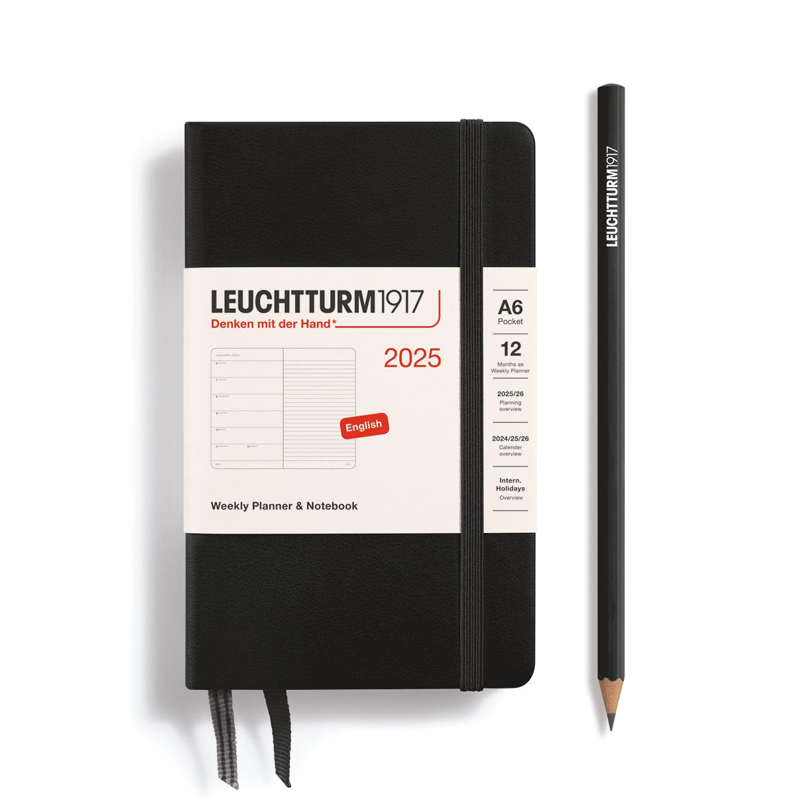 Leuchtturm1917 Cep Boy (A6) 12 Aylık Ajanda ve Not Defteri 2025 Sert Kapak, İngilizce, Siyah
