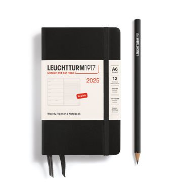Leuchtturm1917 Cep Boy (A6) 12 Aylık Ajanda ve Not Defteri 2025 Sert Kapak, İngilizce, Siyah