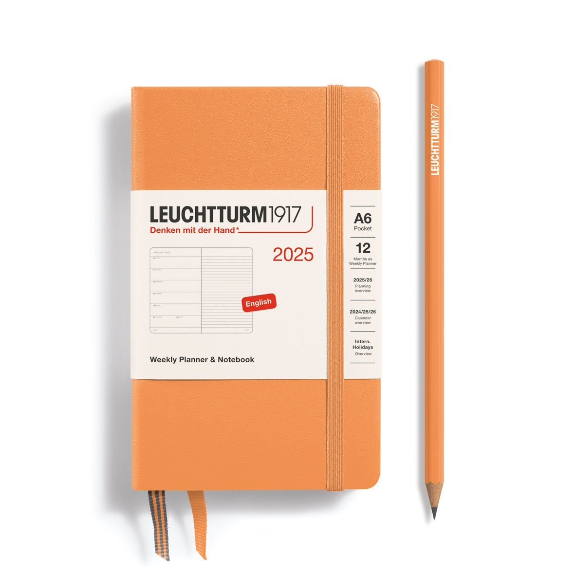 Leuchtturm1917 Cep Boy (A6) 12 Aylık Ajanda ve Not Defteri 2025 Sert Kapak, İngilizce, Kayısı