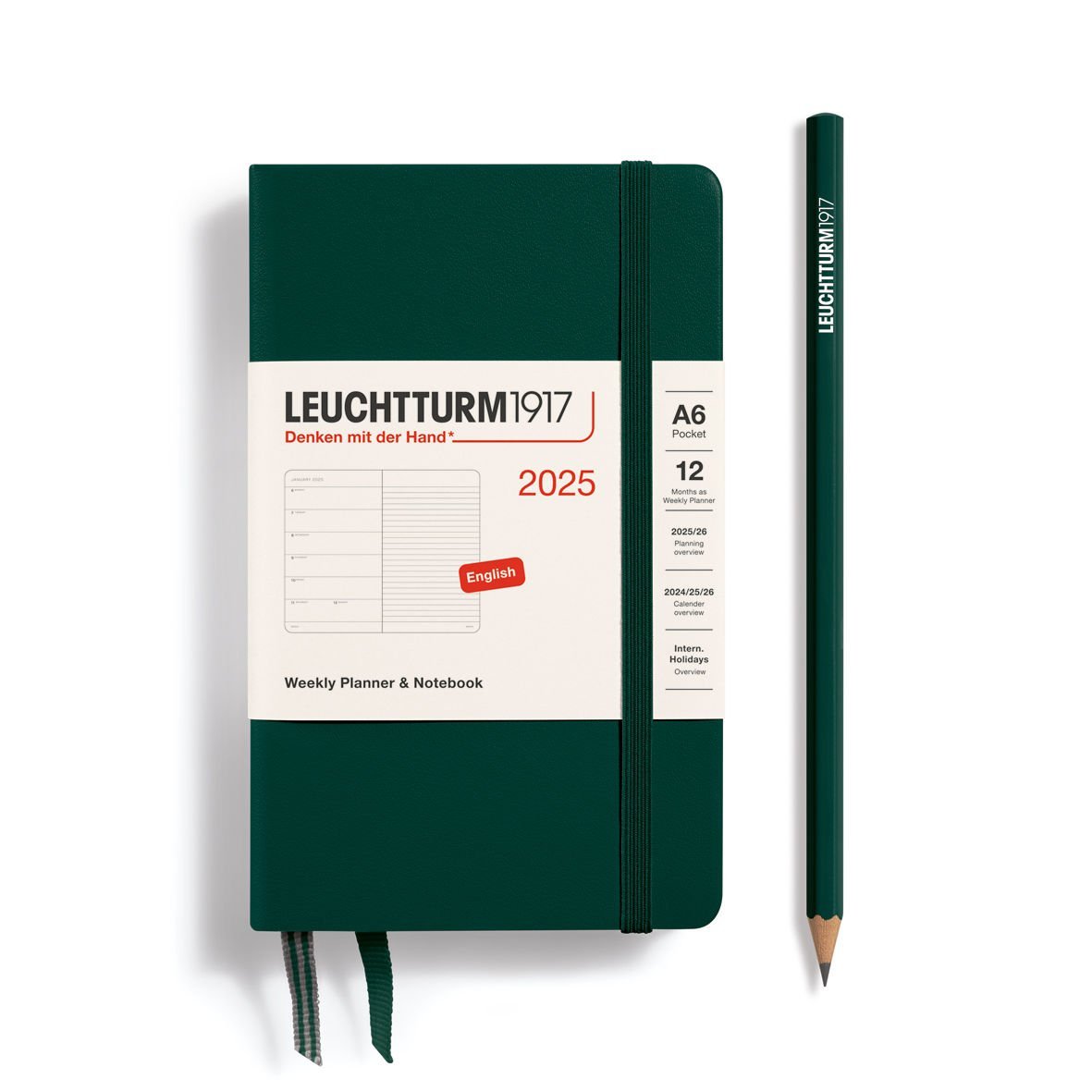 Leuchtturm1917 Cep Boy (A6) 12 Aylık Ajanda ve Not Defteri 2025 Sert Kapak, İngilizce, Orman Yeşili