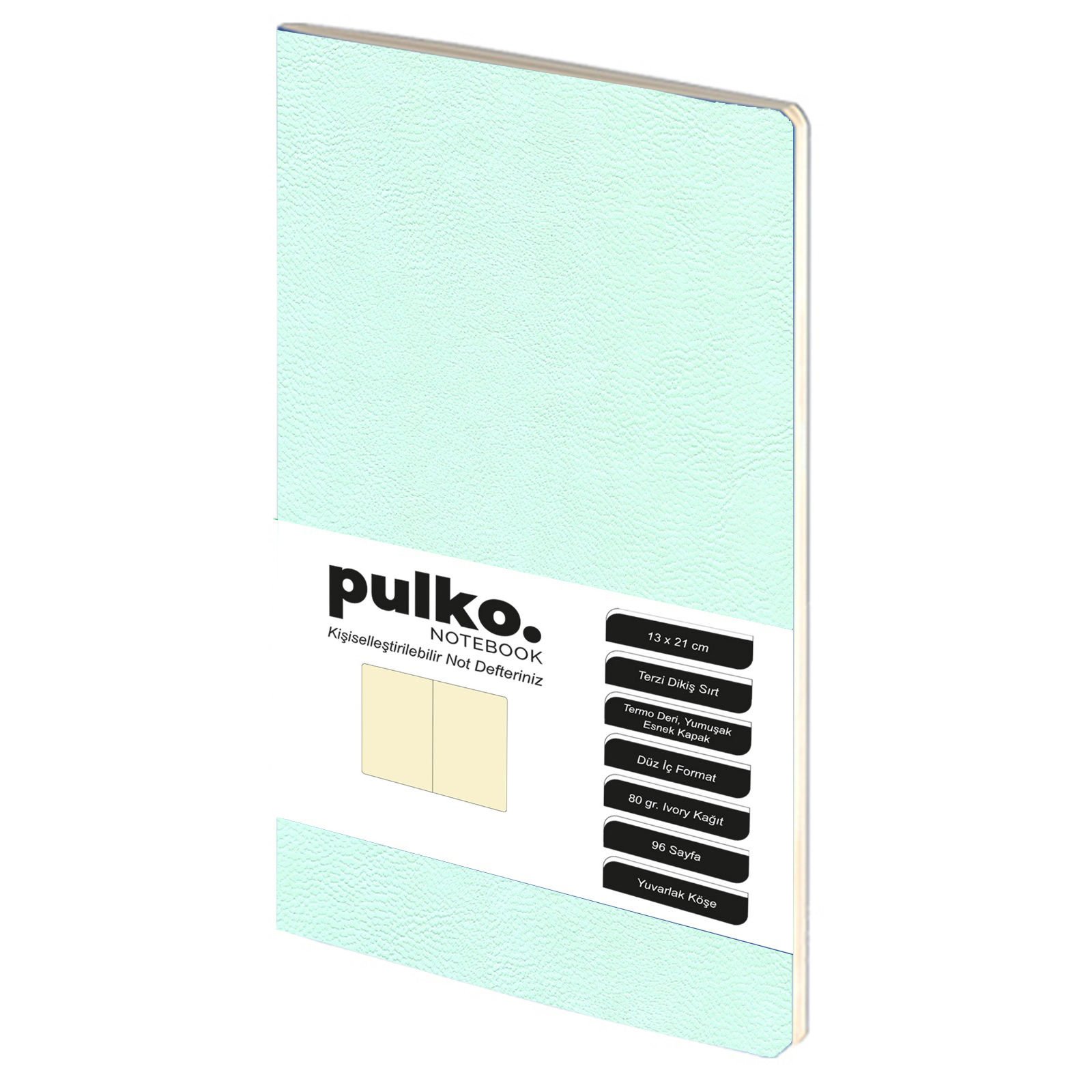 PULKO Notebook Not Defteri, (13x21cm), Terzi Dikiş, Termo Deri Kapak, 96 Sayfa, Krem Kağıt, Düz, 032, Yoğun Nane Yeşili