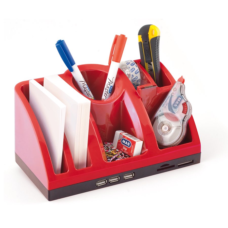 MAS 6602 Masaüstü Tekno Organizer, 3 Adet USB Girişli, Kırmızı