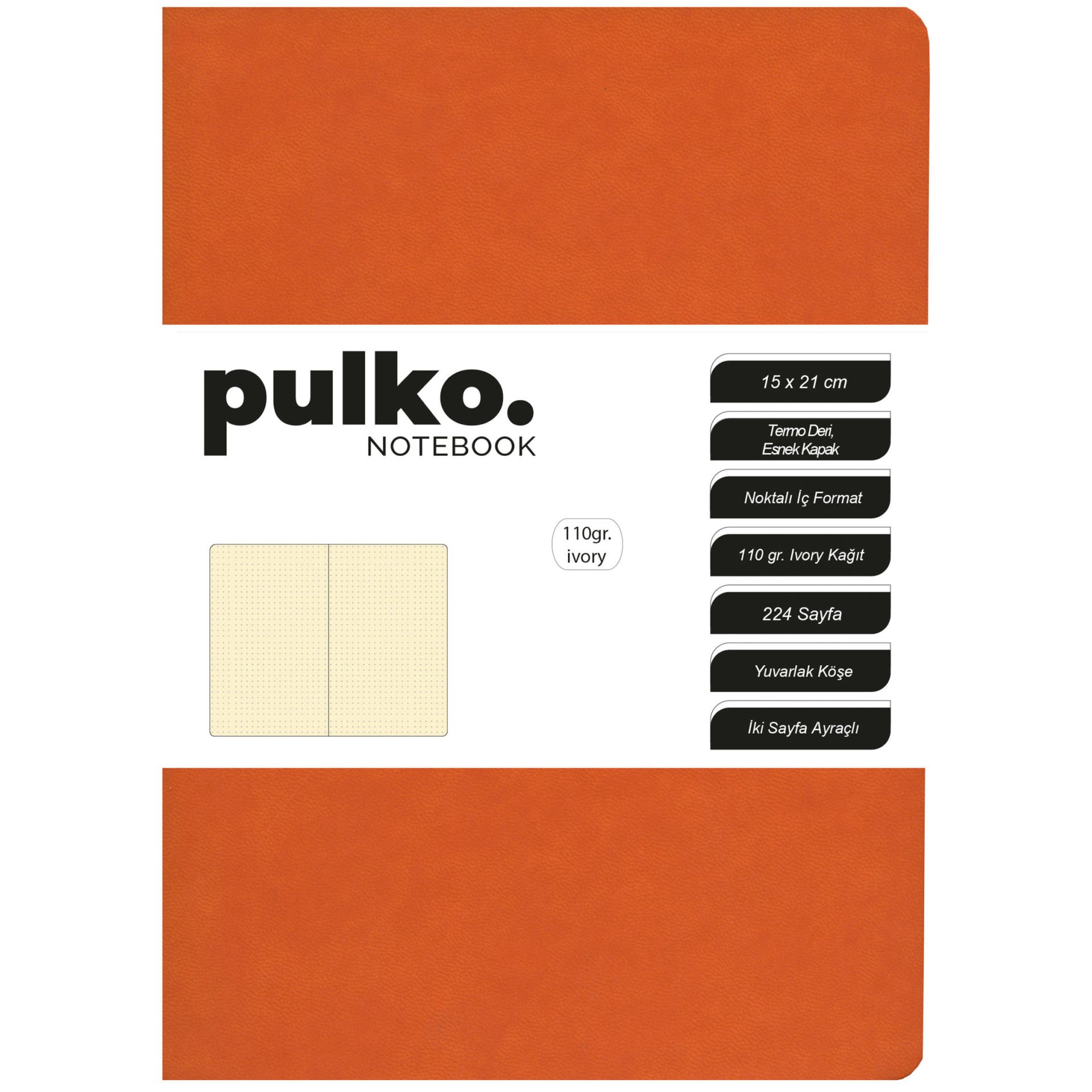 PULKO Notebook Not Defteri, 110gr Ivory Kağıt, A5 Boyut, Termo Deri, 224 Sayfa, Noktalı, 044, Turuncu