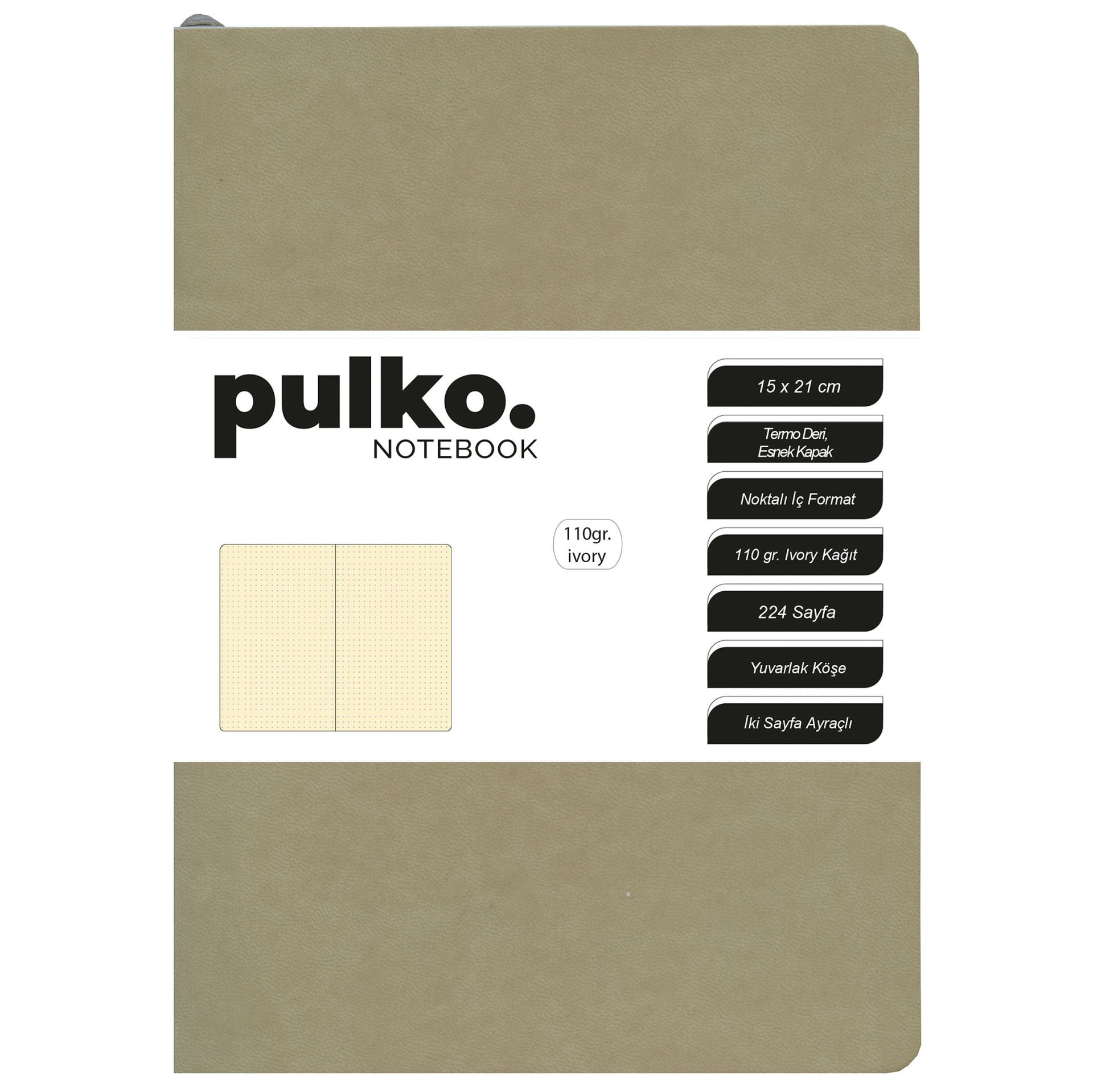 PULKO Notebook Not Defteri, 110gr Ivory Kağıt, A5 Boyut, Termo Deri, 224 Sayfa, Noktalı, 044, Bej