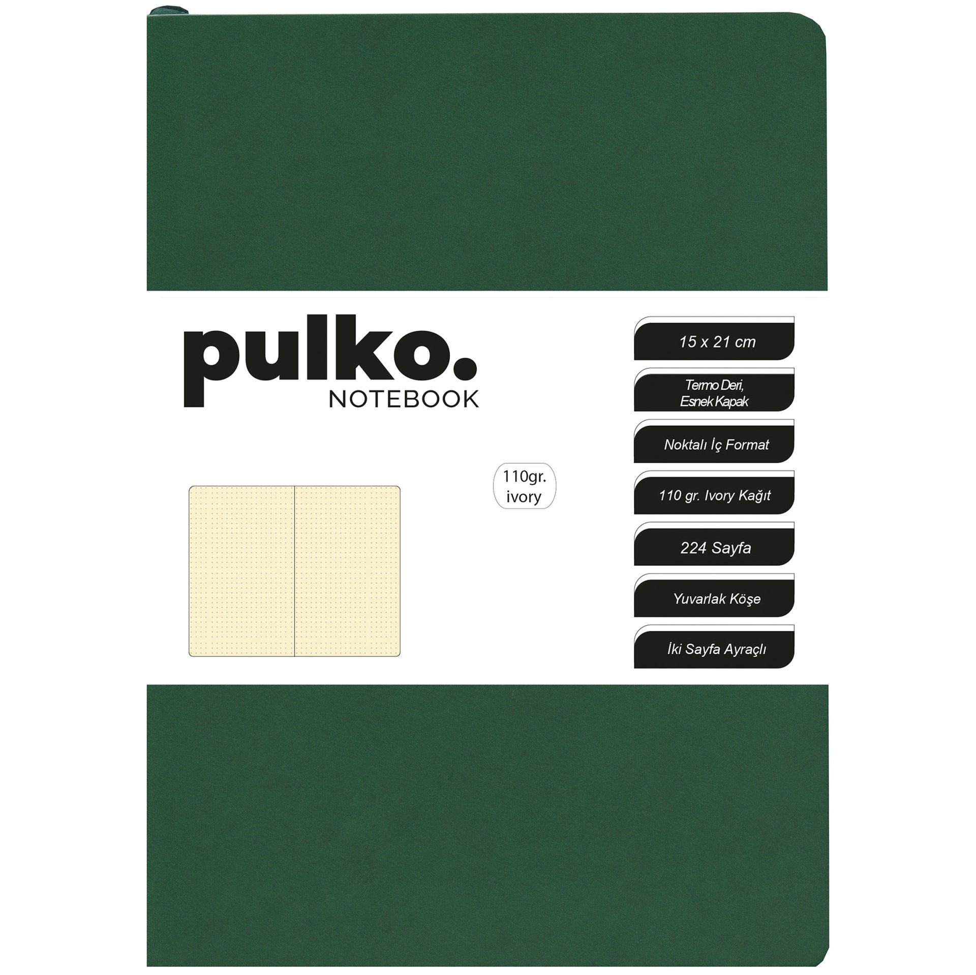 PULKO Notebook Not Defteri, 110gr Ivory Kağıt, A5 Boyut, Termo Deri, 224 Sayfa, Noktalı, 044, Orman Yeşili