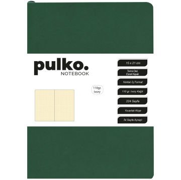 PULKO Notebook Not Defteri, 110gr Ivory Kağıt, A5 Boyut, Termo Deri, 224 Sayfa, Noktalı, 044, Orman Yeşili