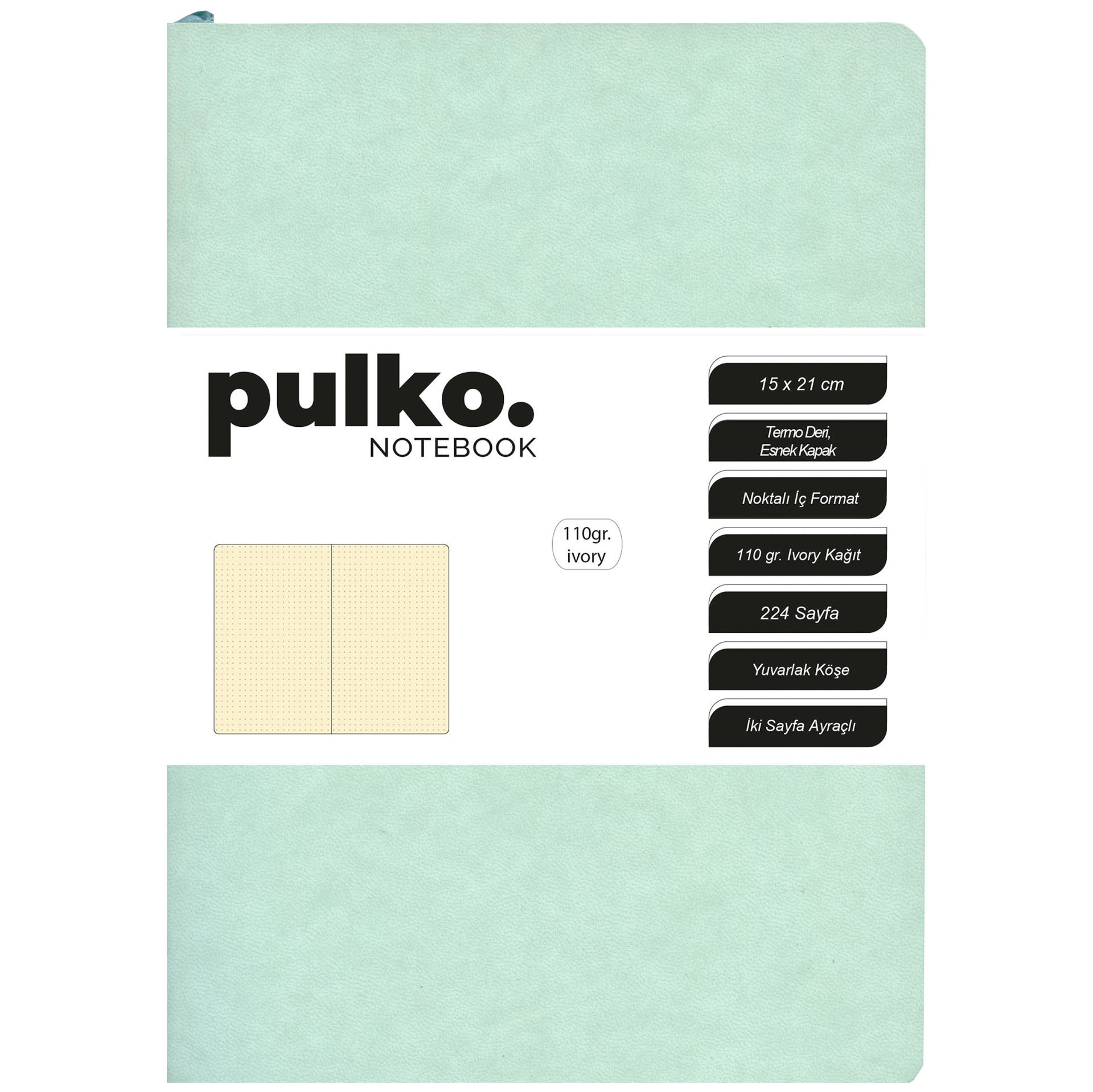 PULKO Notebook Not Defteri, 110gr Ivory Kağıt, A5 Boyut, Termo Deri, 224 Sayfa, Noktalı, 044, Nane Yeşili