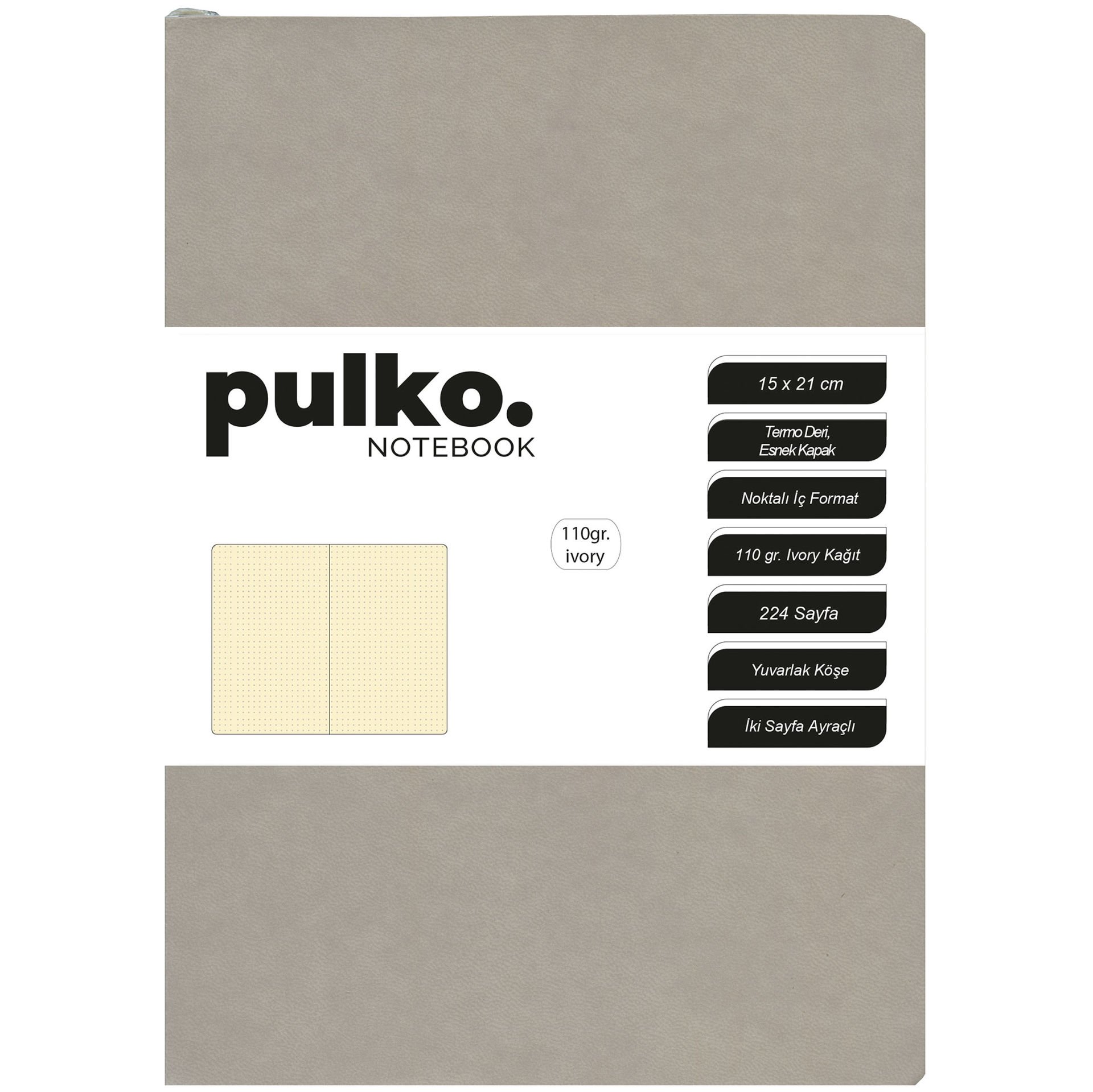 PULKO Notebook Not Defteri, 110gr Ivory Kağıt, A5 Boyut, Termo Deri, 224 Sayfa, Noktalı, 044, Boz Gri