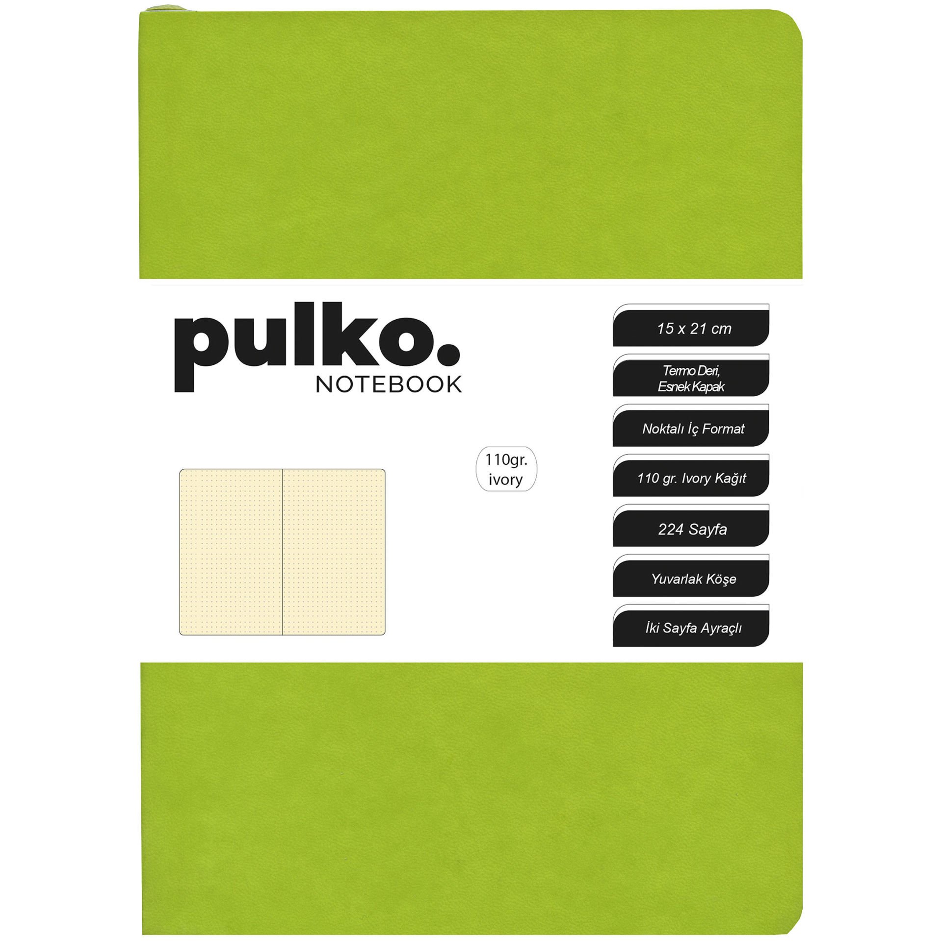 PULKO Notebook Not Defteri, 110gr Ivory Kağıt, A5 Boyut, Termo Deri, 224 Sayfa, Noktalı, 044, Misket Yeşili