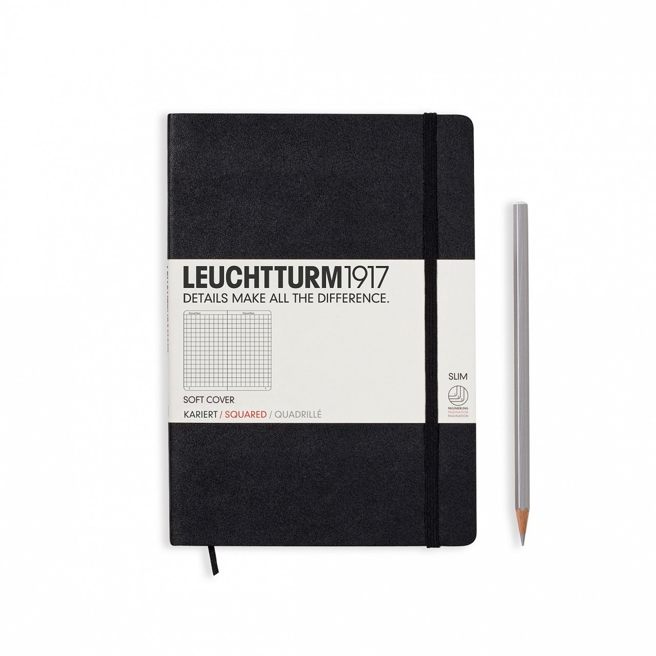 Leuchtturm1917 Not Defteri Orta Boy (A5), Yumuşak Kapak, 121 Numaralandırılmış Sayfa, Kareli - Siyah
