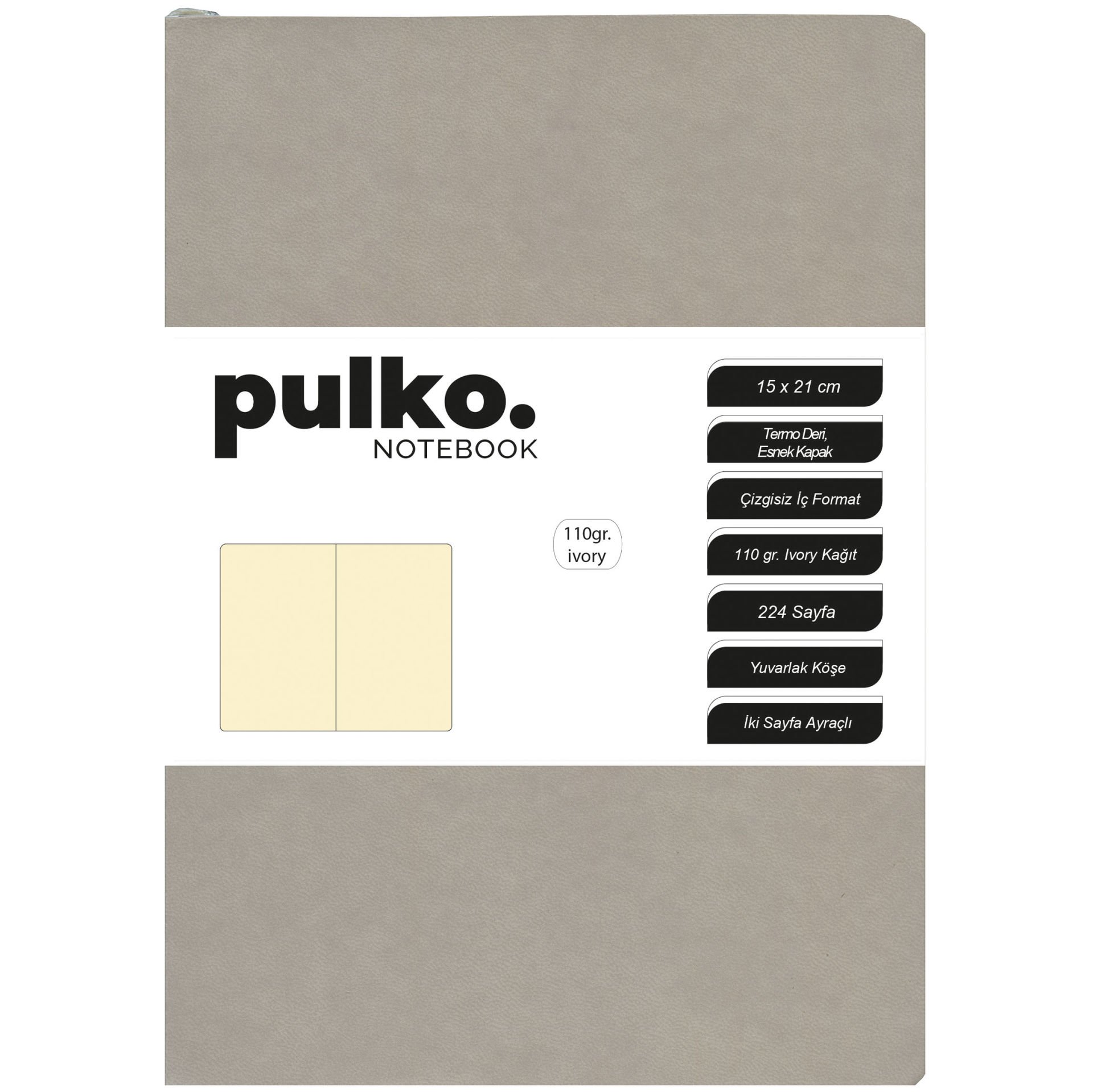 PULKO Notebook Not Defteri, 110gr Ivory Kağıt, A5 Boyut, Termo Deri, 224 Sayfa, Düz, 047, Boz Gri