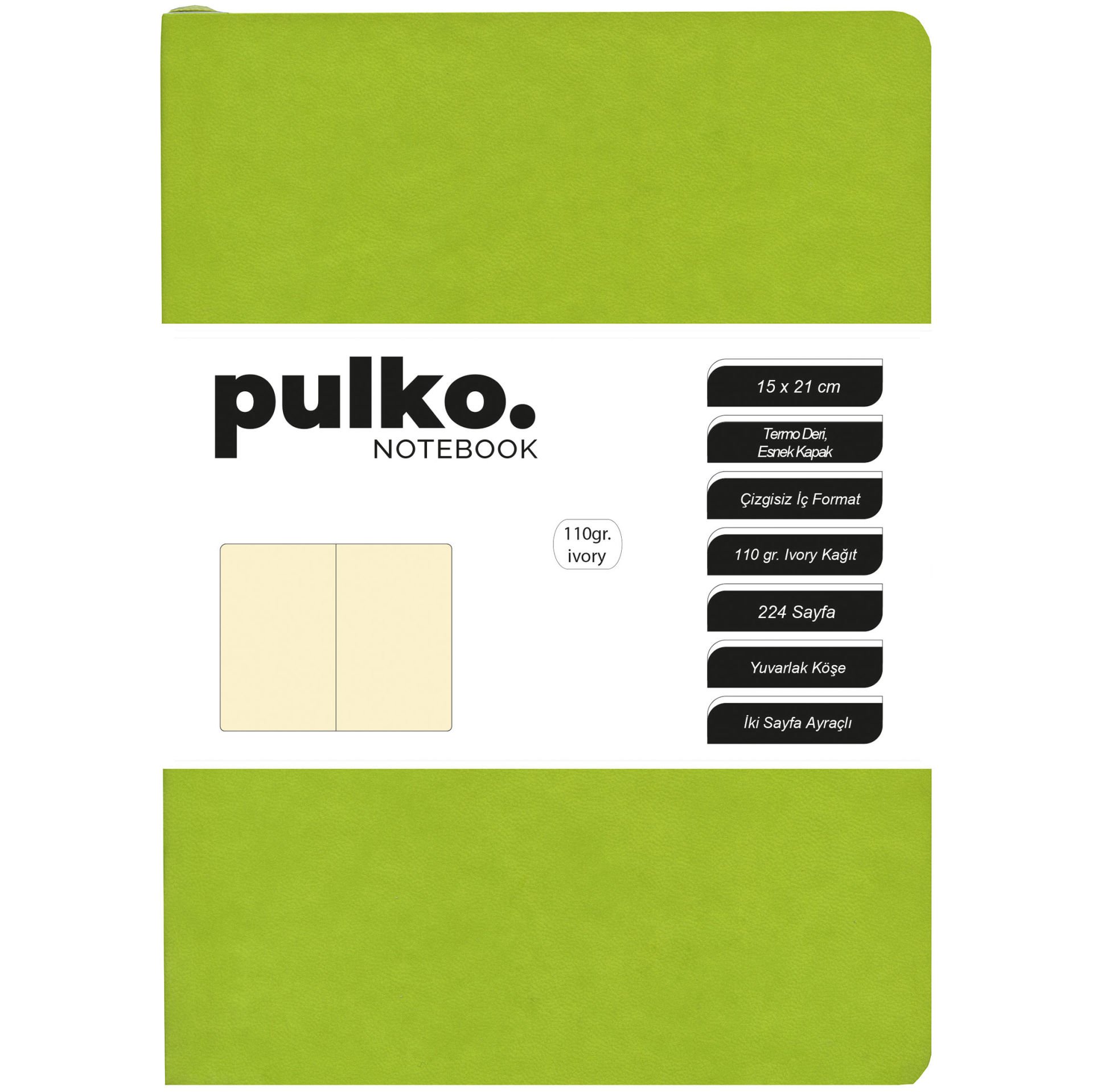 Cahier PULKO Notebook, Papier ivoire 110g, Taille A5, Cuir thermo, 224 pages, Ligné, 047, Vert Misket