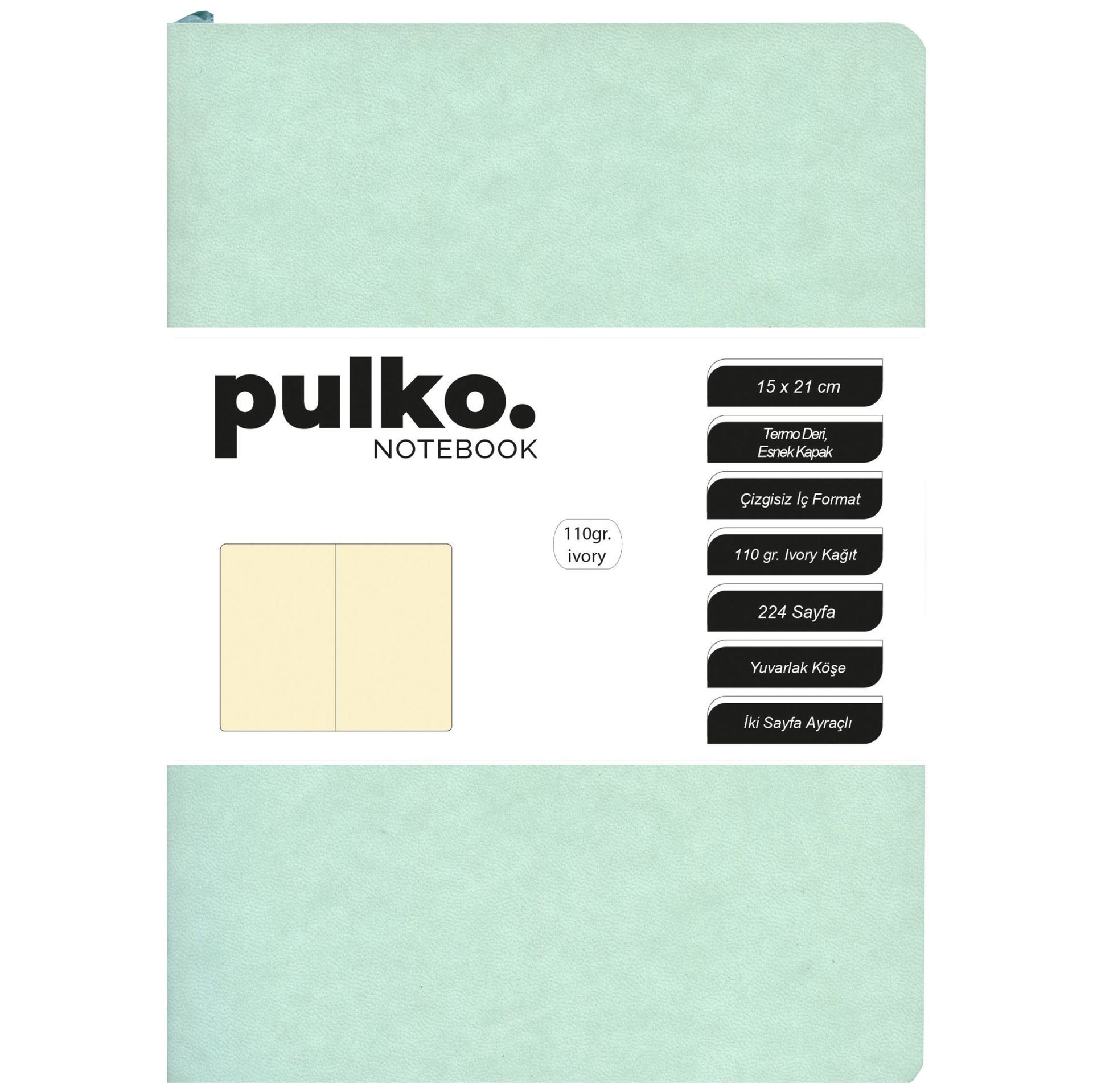 PULKO Notebook Not Defteri, 110gr Ivory Kağıt, A5 Boyut, Termo Deri, 224 Sayfa, Düz, 047, Nane Yeşili